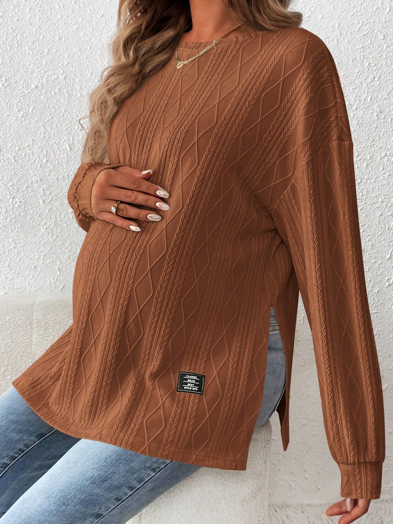 Maternity Textured Split Hem Dolman Sleeve T-Shirt for Fall Apricot / S Apricot / M
