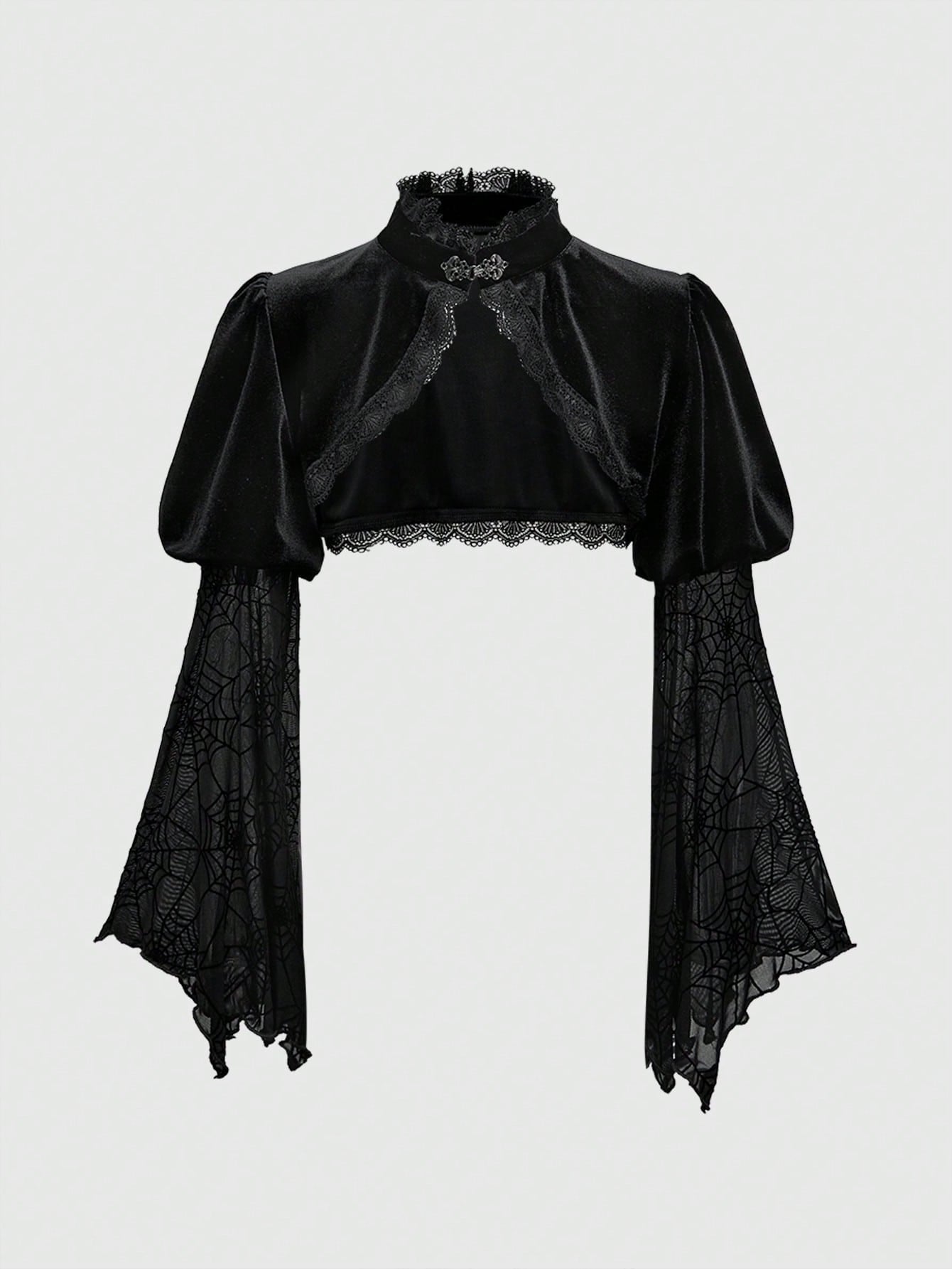 Winter Chic: Plus Size Gothic Flocked Patchwork Top with Flare Sleeves & Fuzzy Trim 0XL 1XL