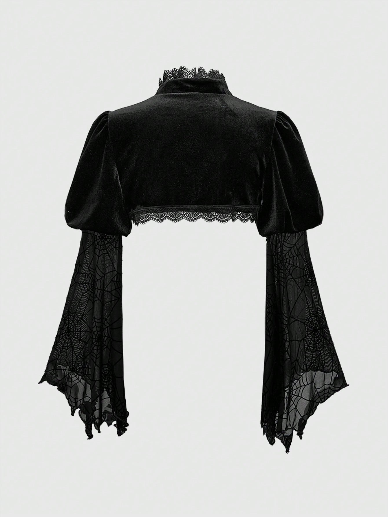 Winter Chic: Plus Size Gothic Flocked Patchwork Top with Flare Sleeves & Fuzzy Trim 0XL 1XL