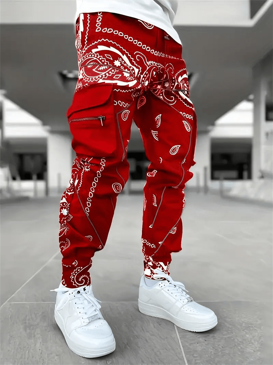 Men's Cashew Flower Multi-Pocket Workwear Pants - Stylish Casual Glow Printed Running Trousers Black / S Black / M