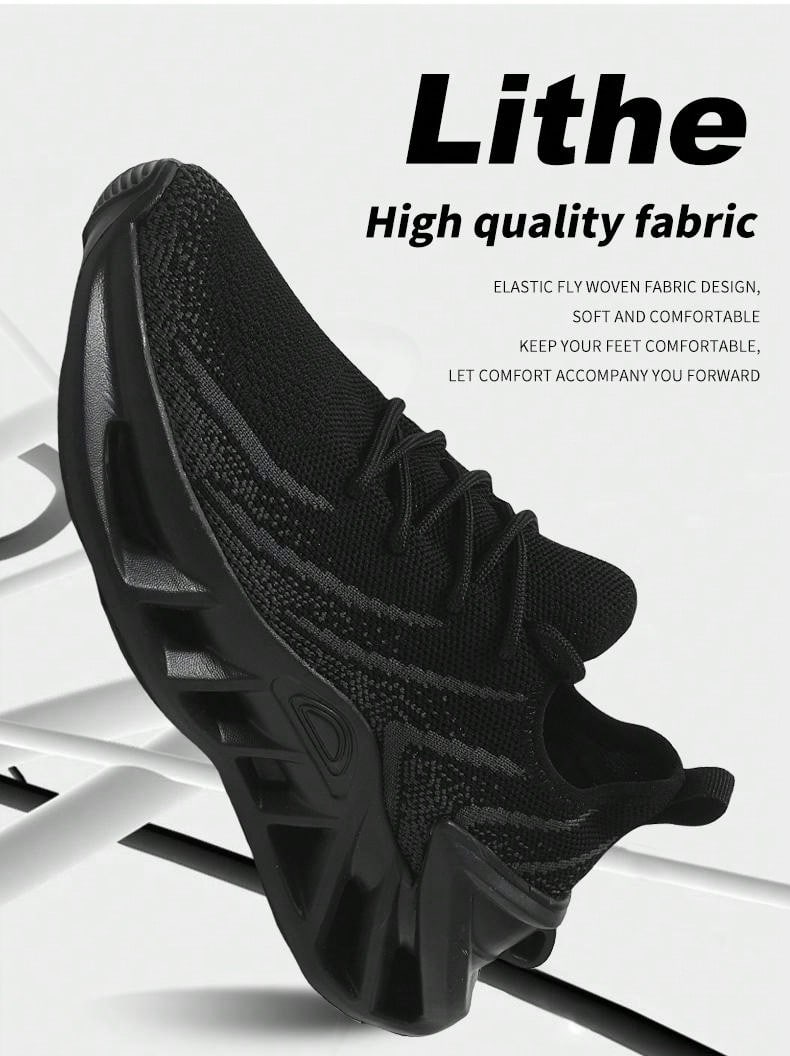 Men's Shock-Absorbing Blade Design Running Sneakers - Breathable Knit Performance Shoes EUR37 EUR38