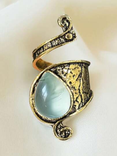 Vintage Asymmetrical Stone Inlaid Adjustable Alloy Ring - Trendy Statement Piece