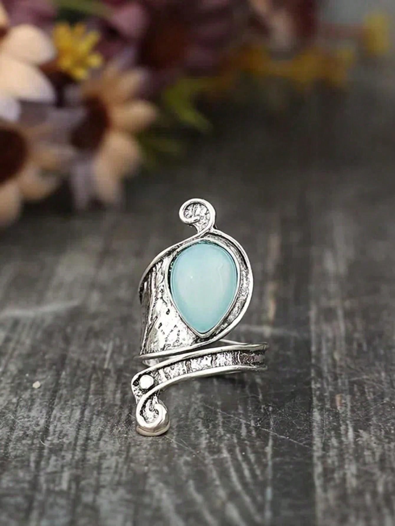 Vintage Asymmetrical Stone Inlaid Adjustable Alloy Ring - Trendy Statement Piece