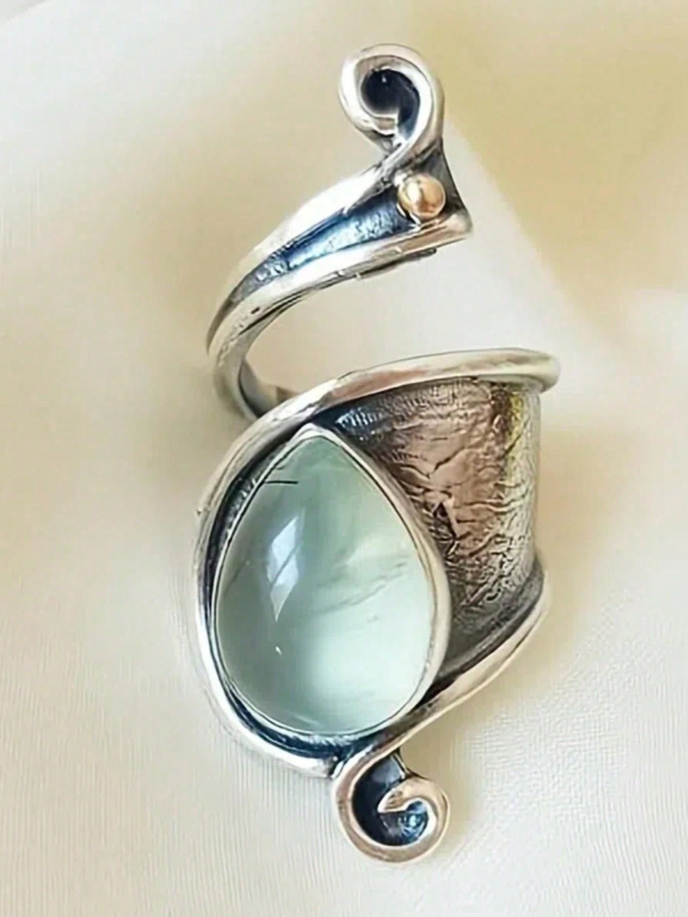 Vintage Asymmetrical Stone Inlaid Adjustable Alloy Ring - Trendy Statement Piece
