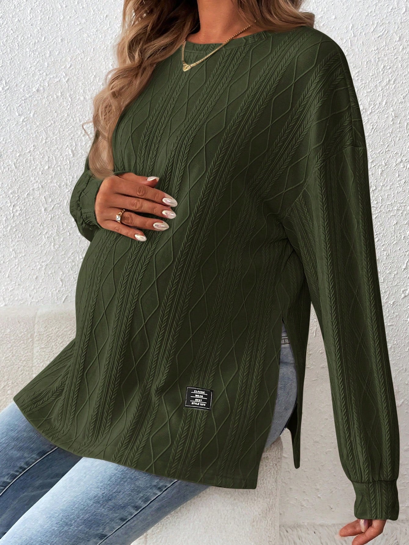 Maternity Textured Split Hem Dolman Sleeve T-Shirt for Fall Apricot / S Apricot / M