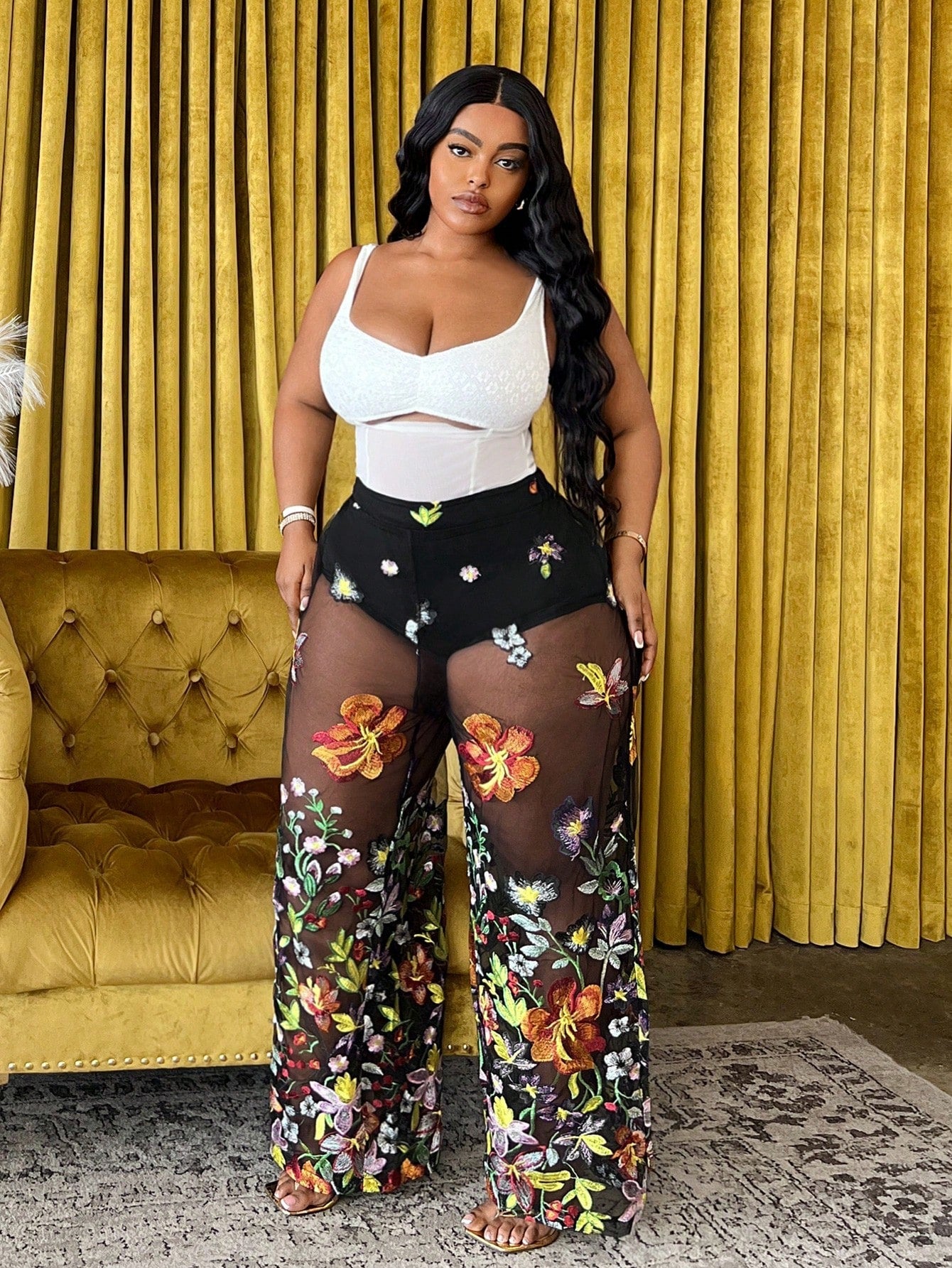 Elegant Plus Size High Waist Lace Mesh Embroidered Trousers 0XL 1XL 2XL 0XL-1XL-2XL-3XL-