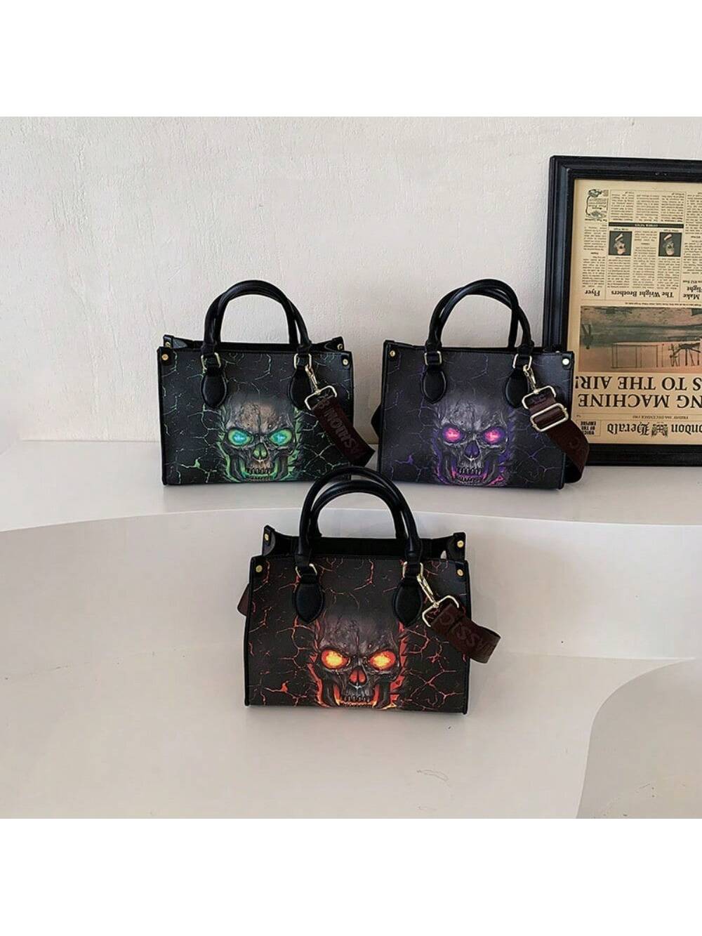 Gothic Skull Print Halloween Tote Bag - Stylish & Spacious Shoulder Bag with Zipper Closure