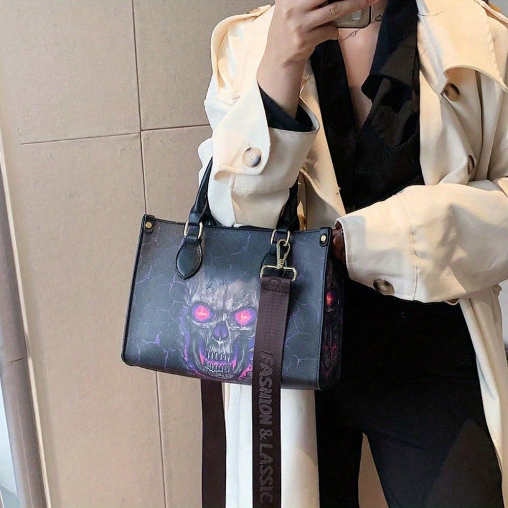 Gothic Skull Print Halloween Tote Bag - Stylish & Spacious Shoulder Bag with Zipper Closure