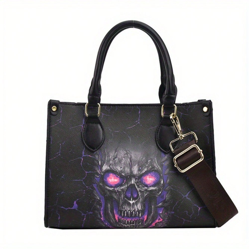 Gothic Skull Print Halloween Tote Bag - Stylish & Spacious Shoulder Bag with Zipper Closure