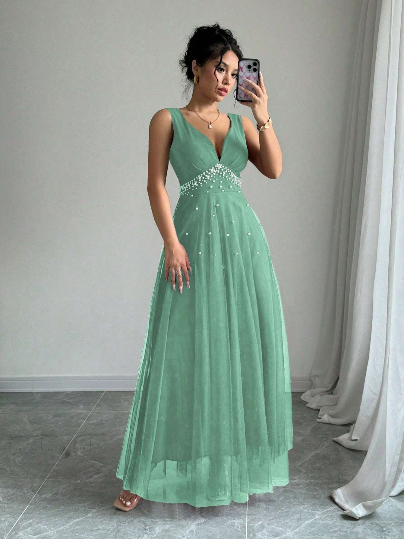 Elegant Belle Faux Pearl Beaded V-Neck Sleeveless Summer Maxi Dress