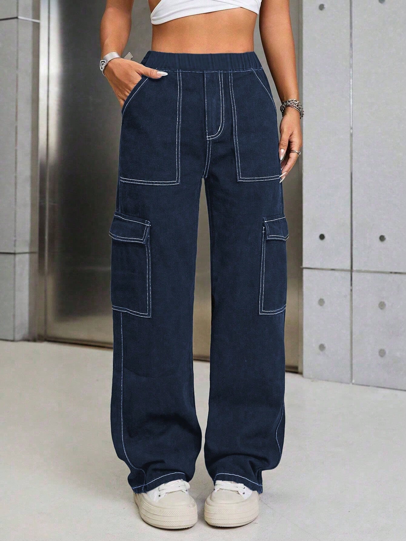 Chic & Versatile Vintage Denim Pocket Cargo Pants for Teen Girls – Perfect for All Seasons! Blue