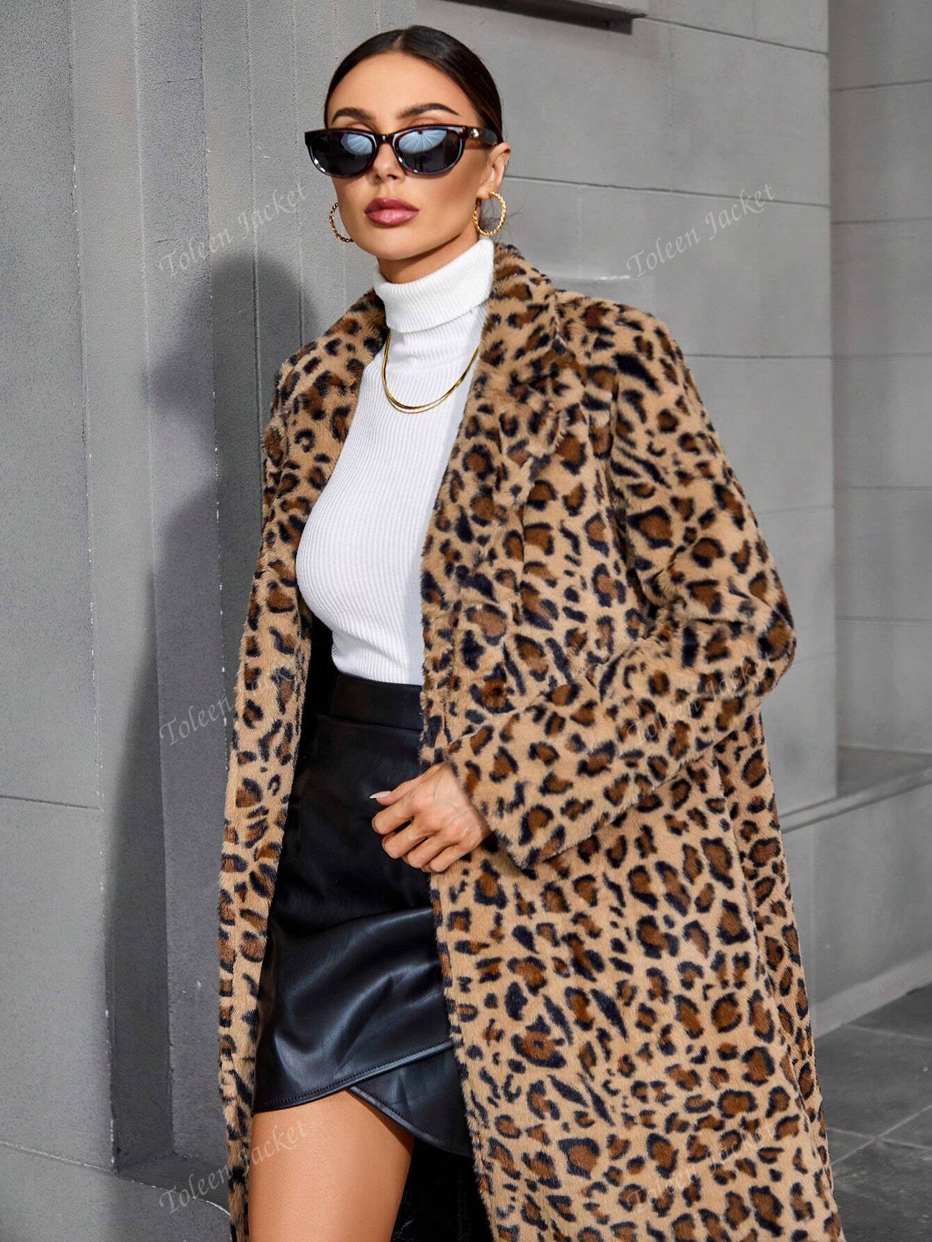 Chic Leopard Print Lapel Collar Long Fluffy Coat for Women – Perfect for Autumn & Winter S M