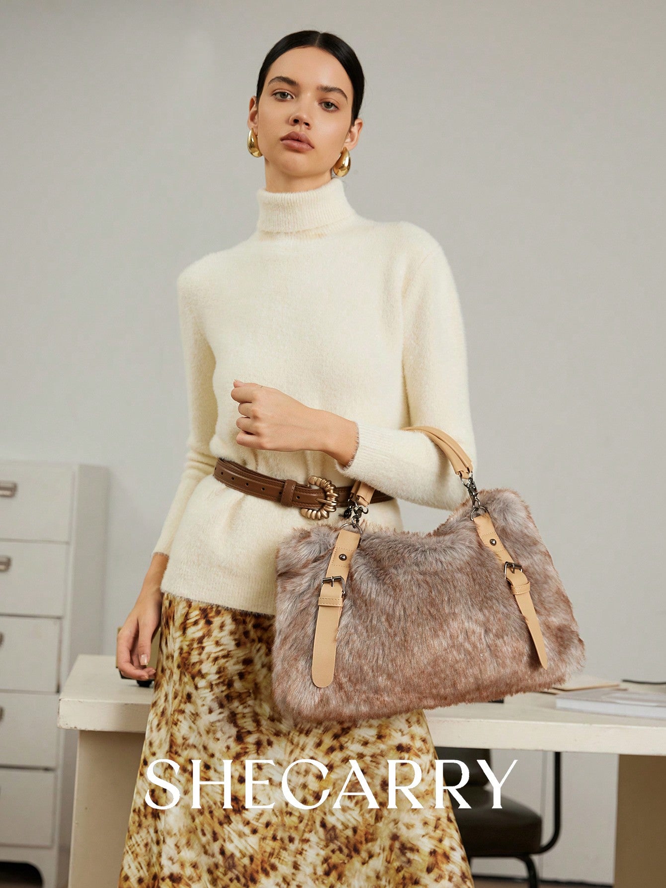 Chic Fluffy Patchwork Tote Bag for Women - Stylish Fur Commuting Purse one-size one-size-