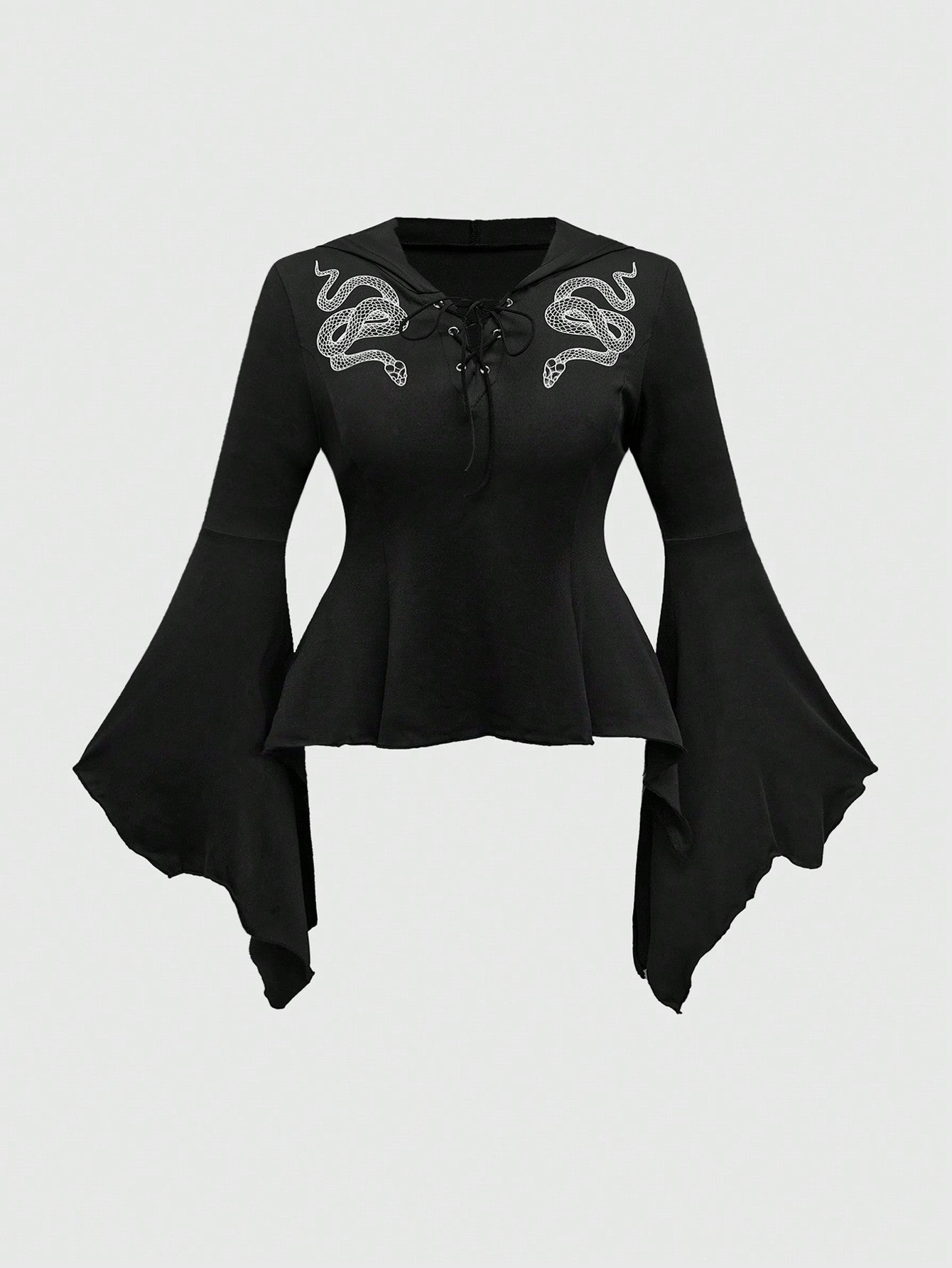 Plus Size Gothic Asymmetrical Sleeve Hoodie T-Shirt with Dark Snake Print 0XL 2XL