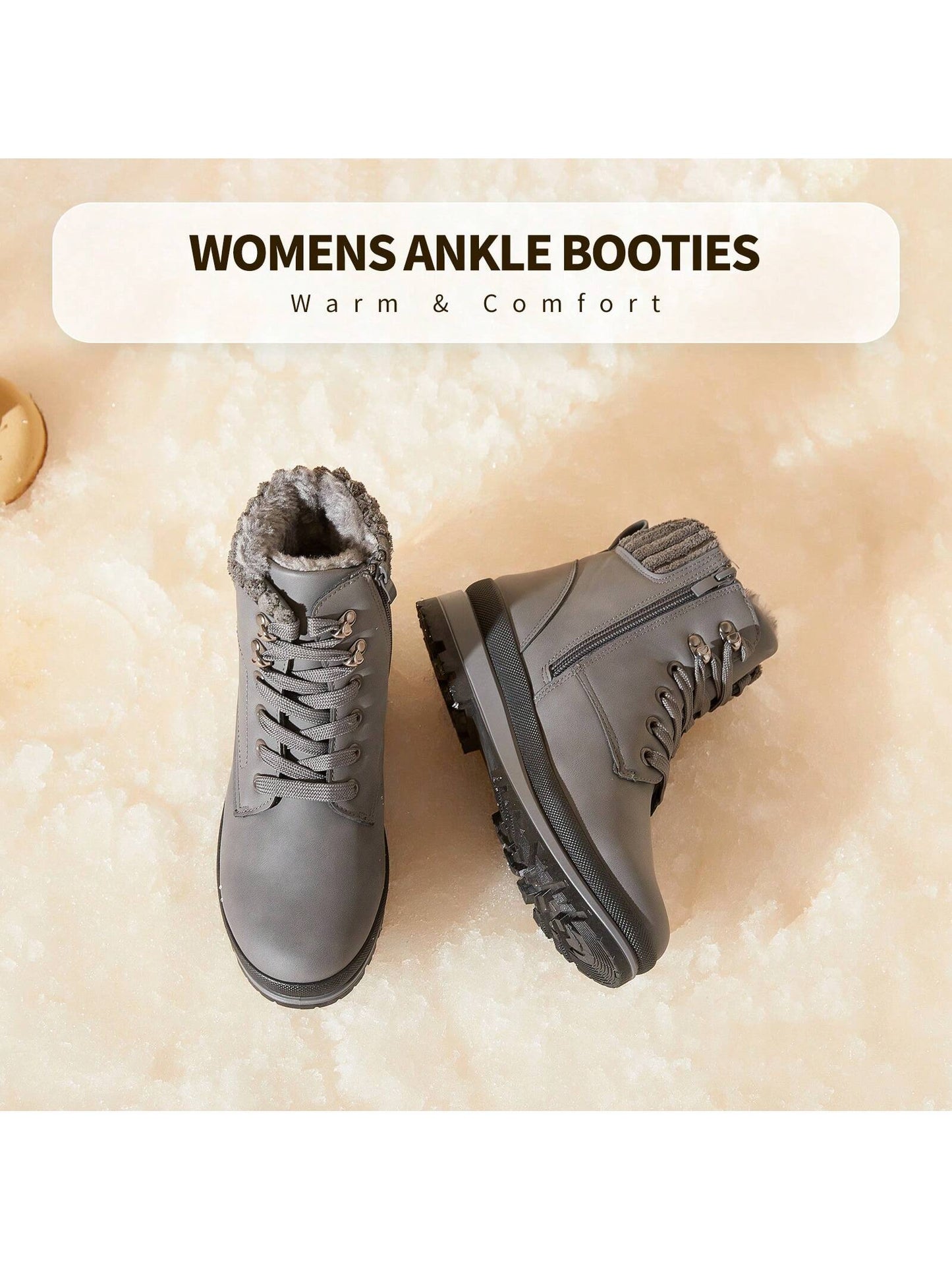 Chic & Sturdy: Women's Waterproof White Combat Boots with Black Platform & Fuzzy Lining Light Grey / US8 Light Grey / US8.5