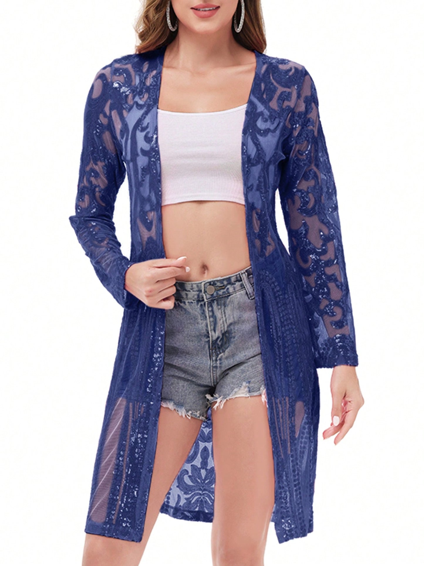 Women's Sparkly Sequin Cardigan - Open Front Glitter Kimono Blue / S Blue / M