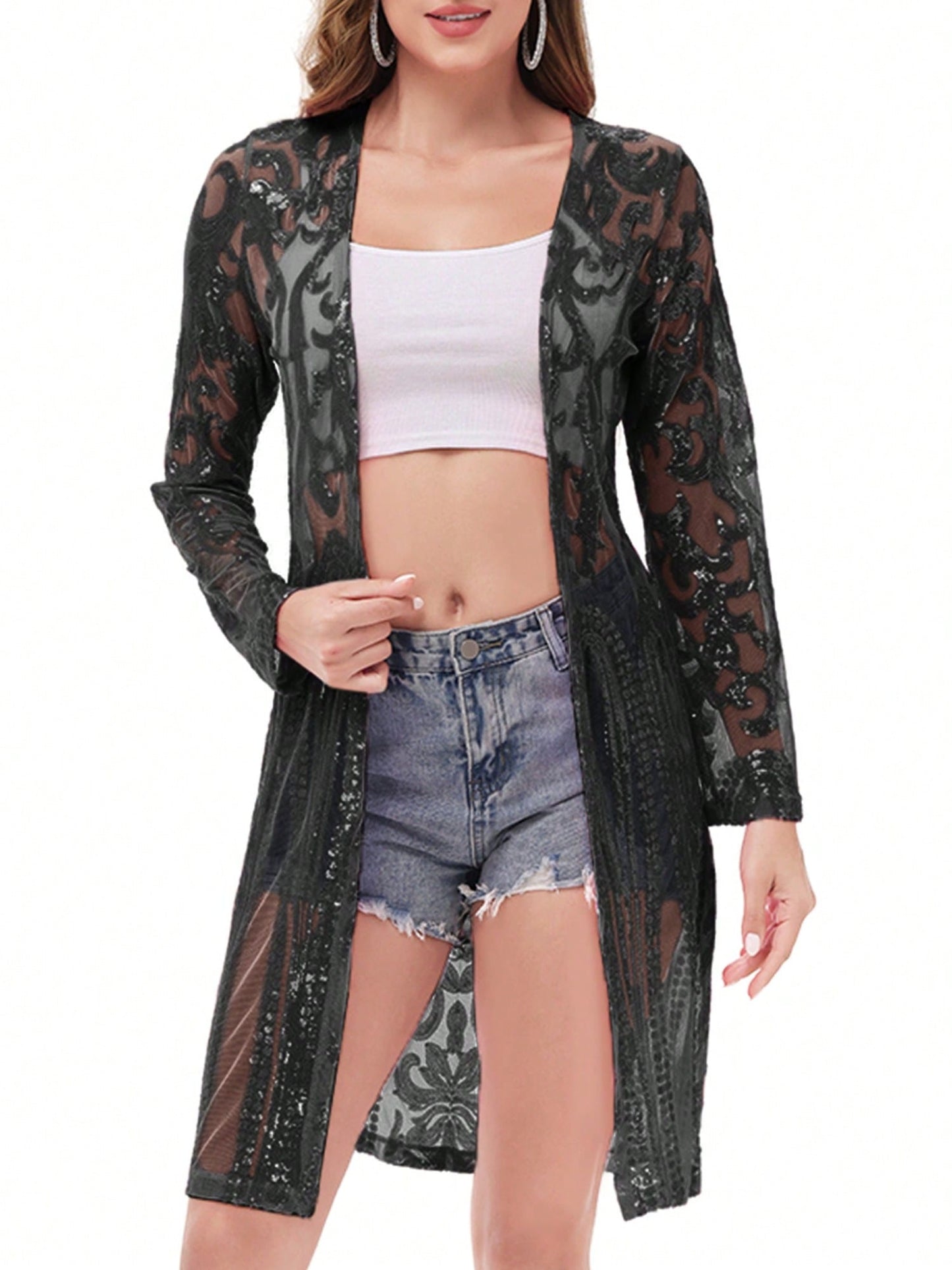 Women's Sparkly Sequin Cardigan - Open Front Glitter Kimono Blue / S Blue / M