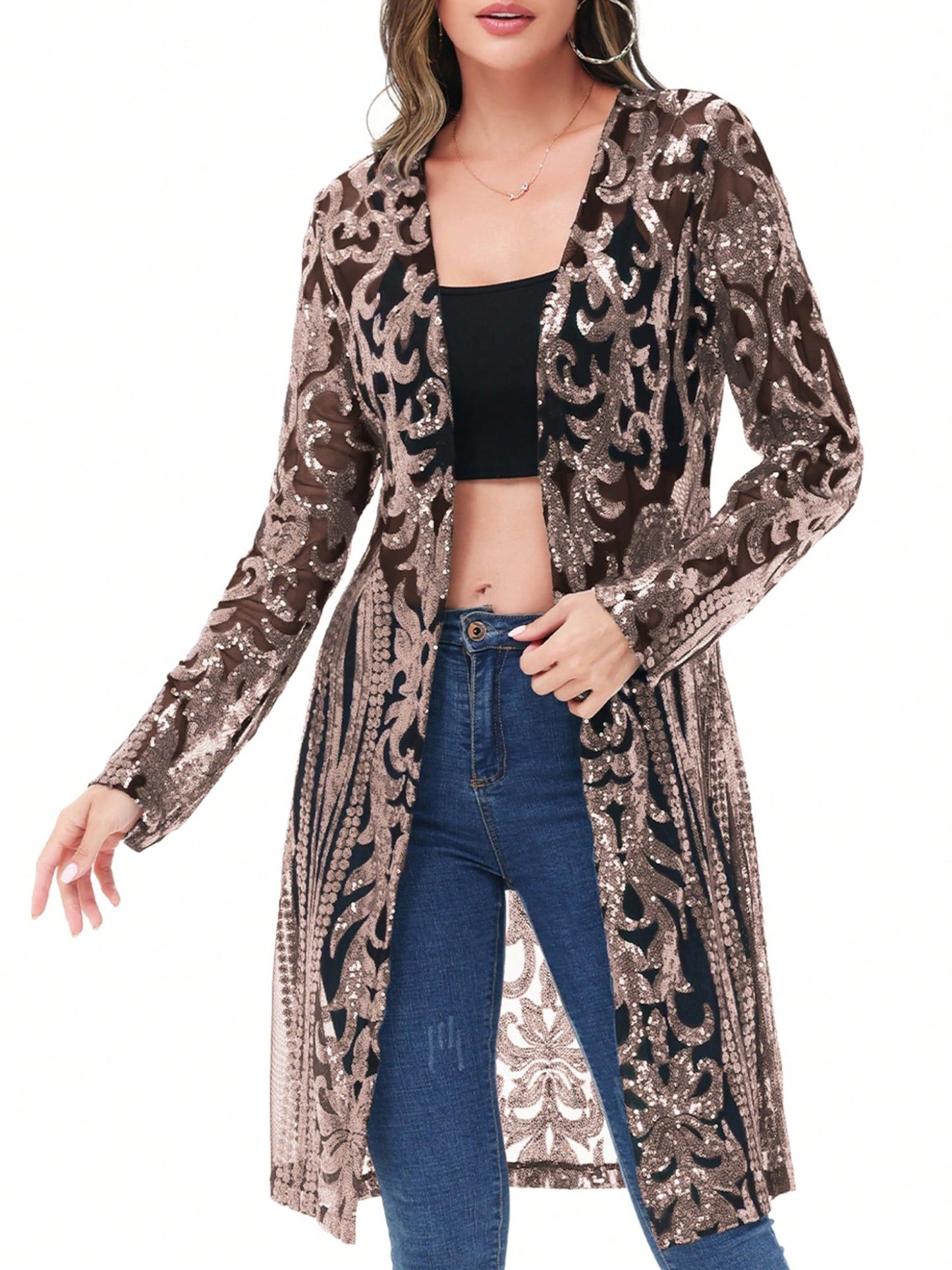 Women's Sparkly Sequin Cardigan - Open Front Glitter Kimono Blue / S Blue / M
