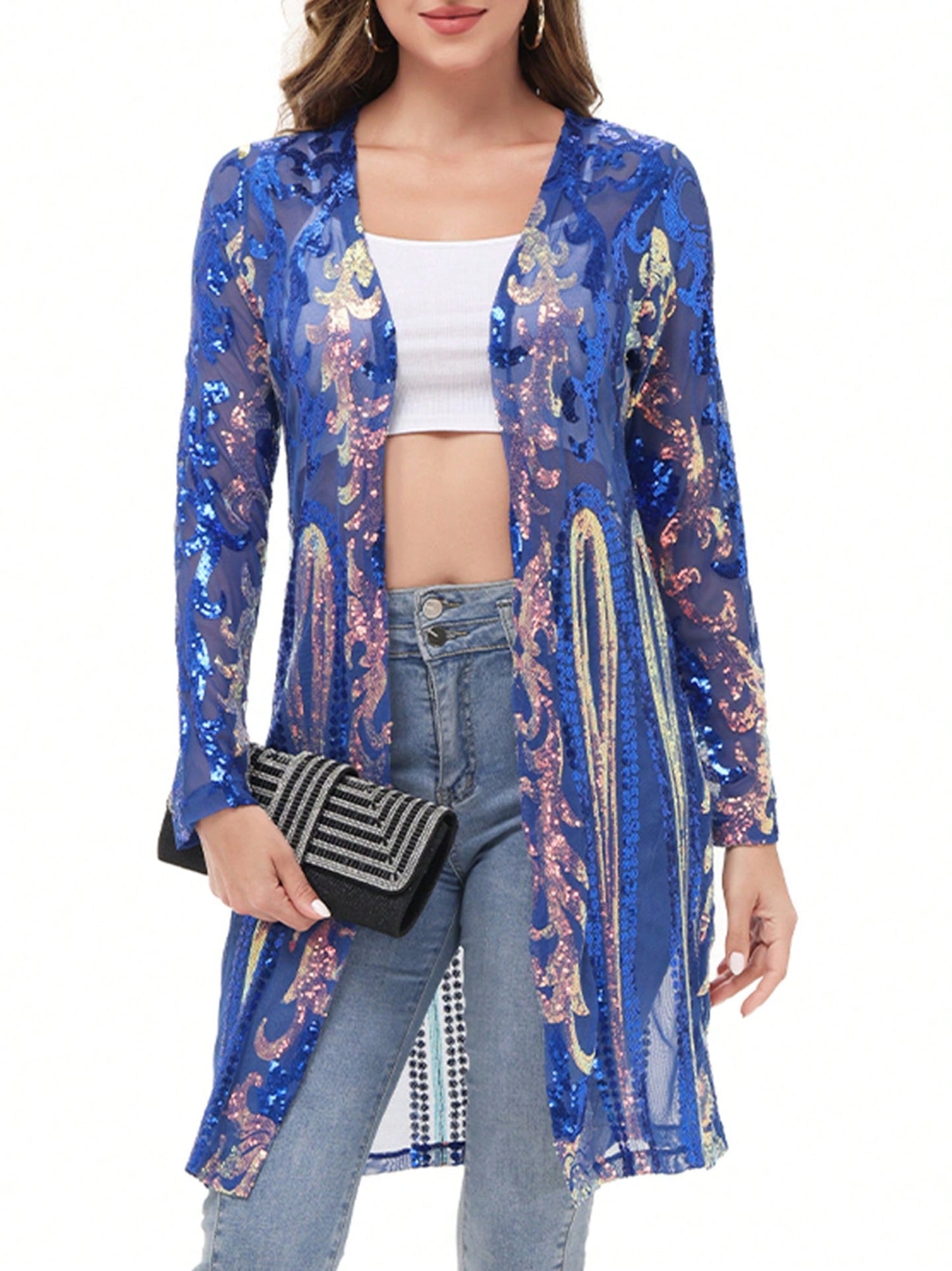 Women's Sparkly Sequin Cardigan - Open Front Glitter Kimono Blue / S Blue / M