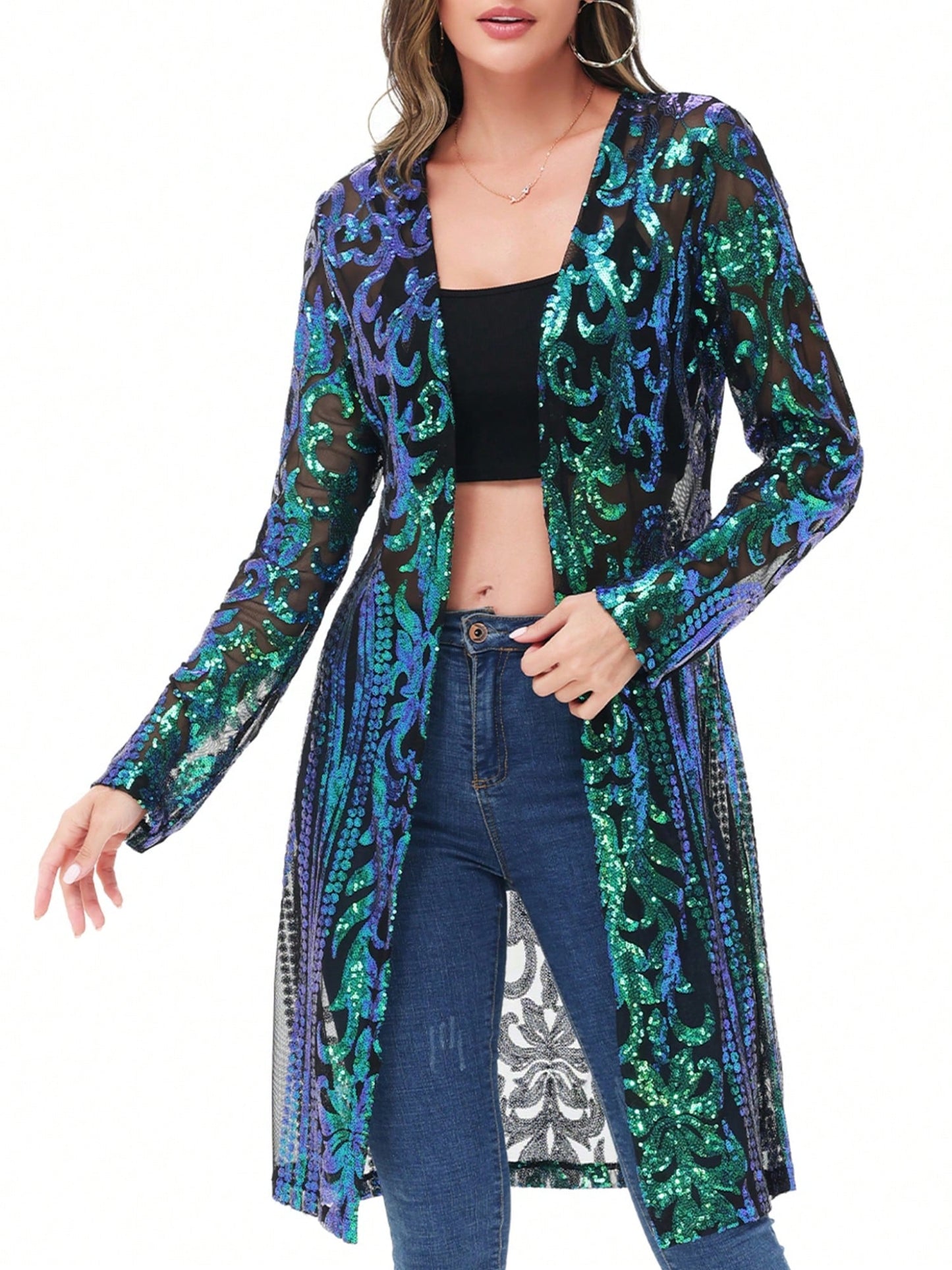 Women's Sparkly Sequin Cardigan - Open Front Glitter Kimono Blue / S Blue / M