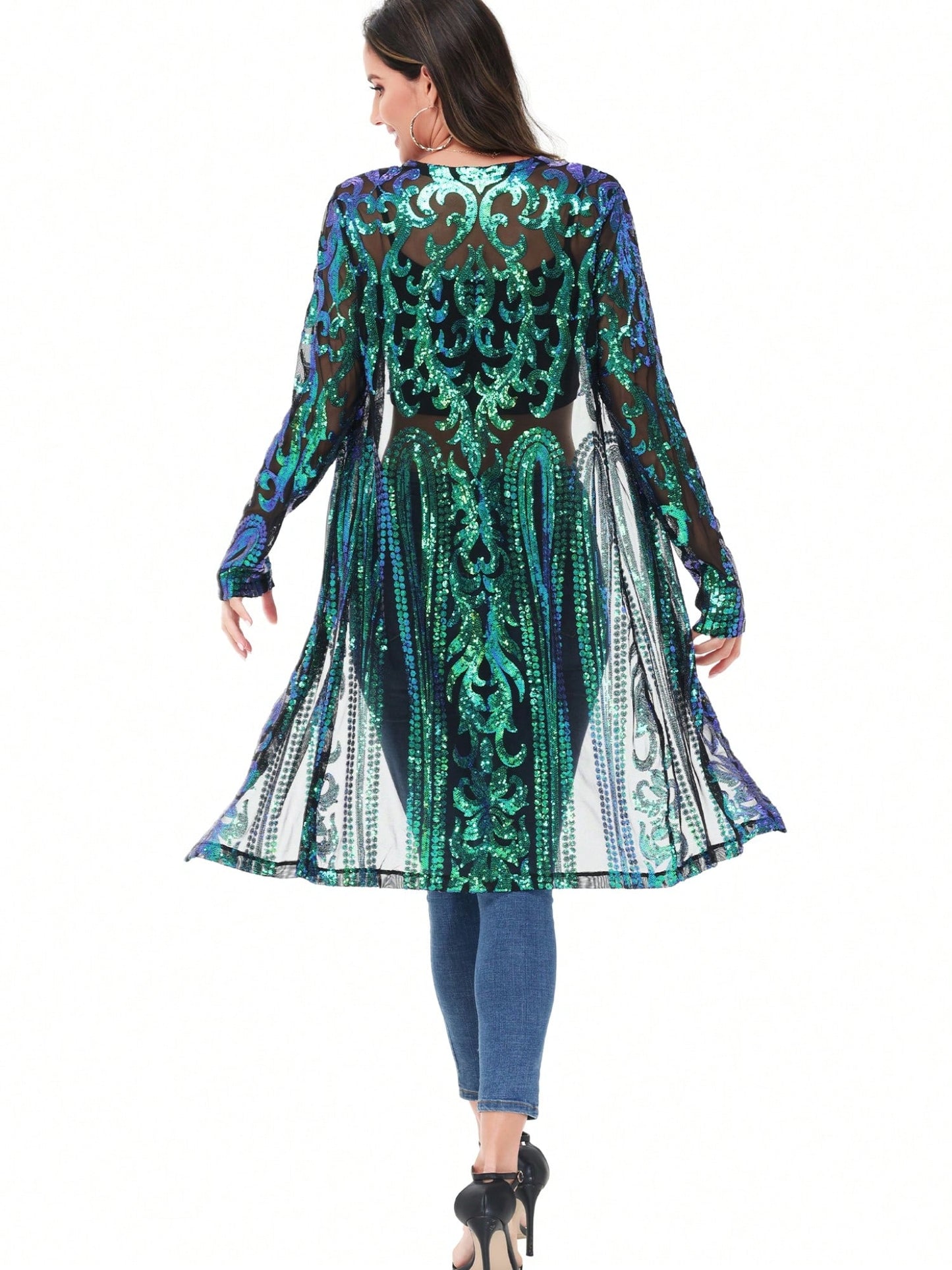 Women's Sparkly Sequin Cardigan - Open Front Glitter Kimono Blue / S Blue / M