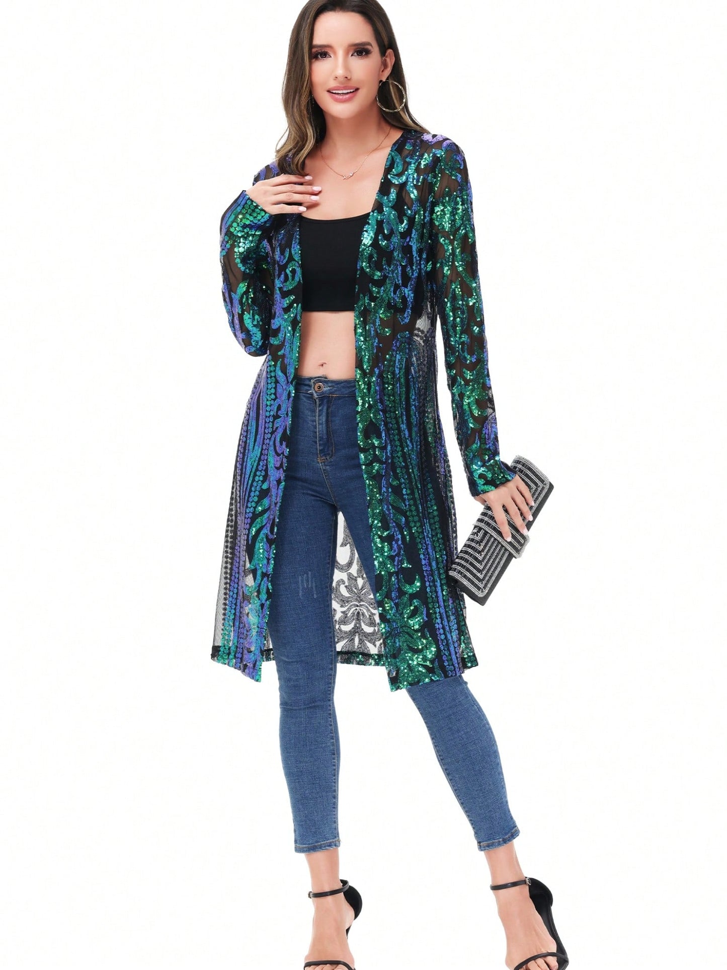 Women's Sparkly Sequin Cardigan - Open Front Glitter Kimono Blue / S Blue / M