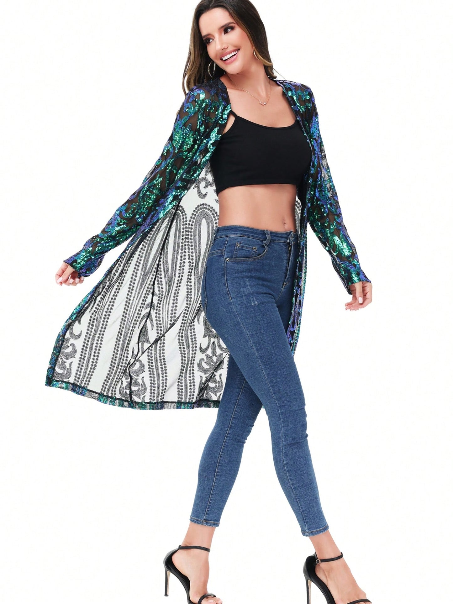 Women's Sparkly Sequin Cardigan - Open Front Glitter Kimono Blue / S Blue / M