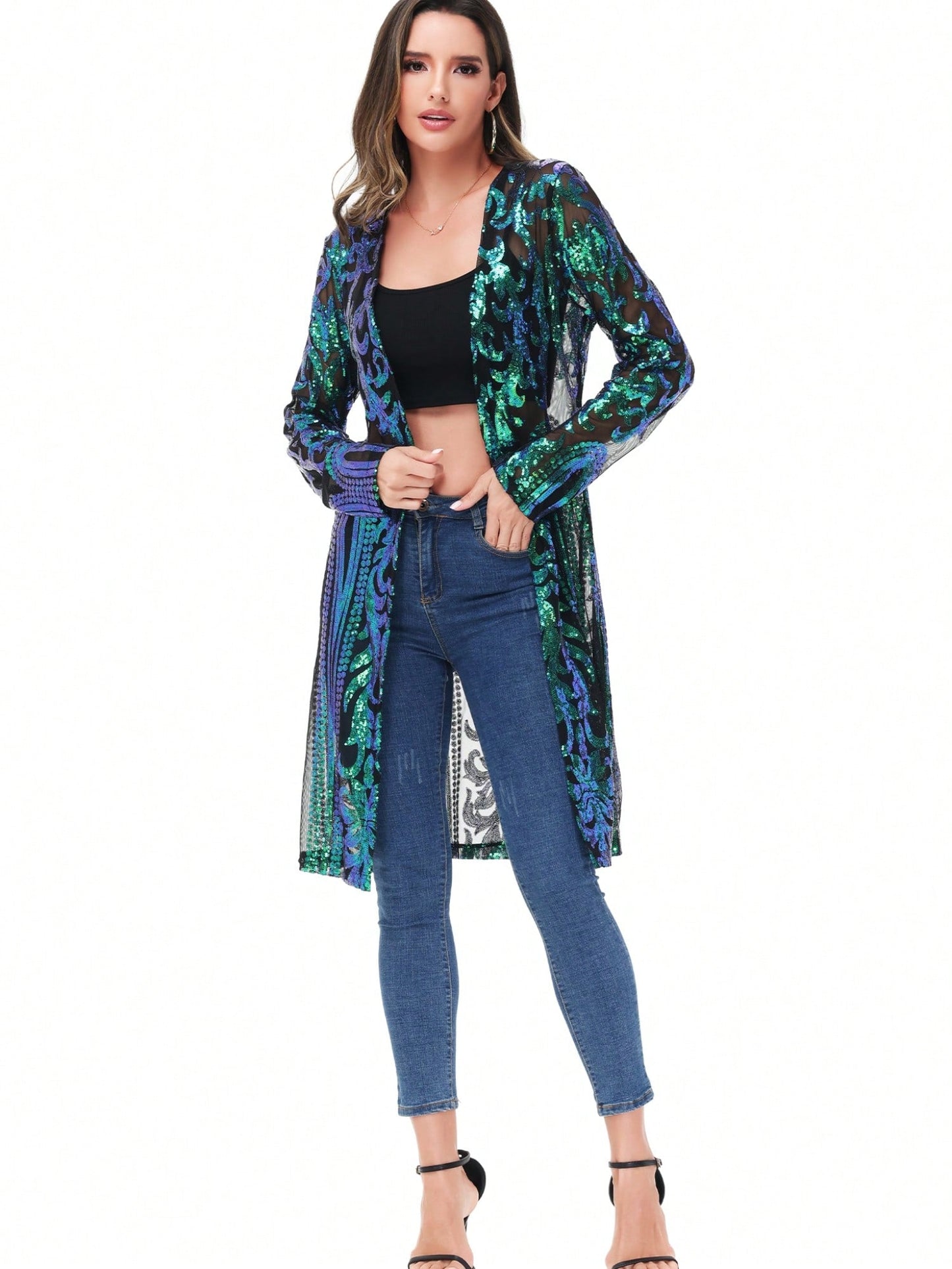 Women's Sparkly Sequin Cardigan - Open Front Glitter Kimono Blue / S Blue / M