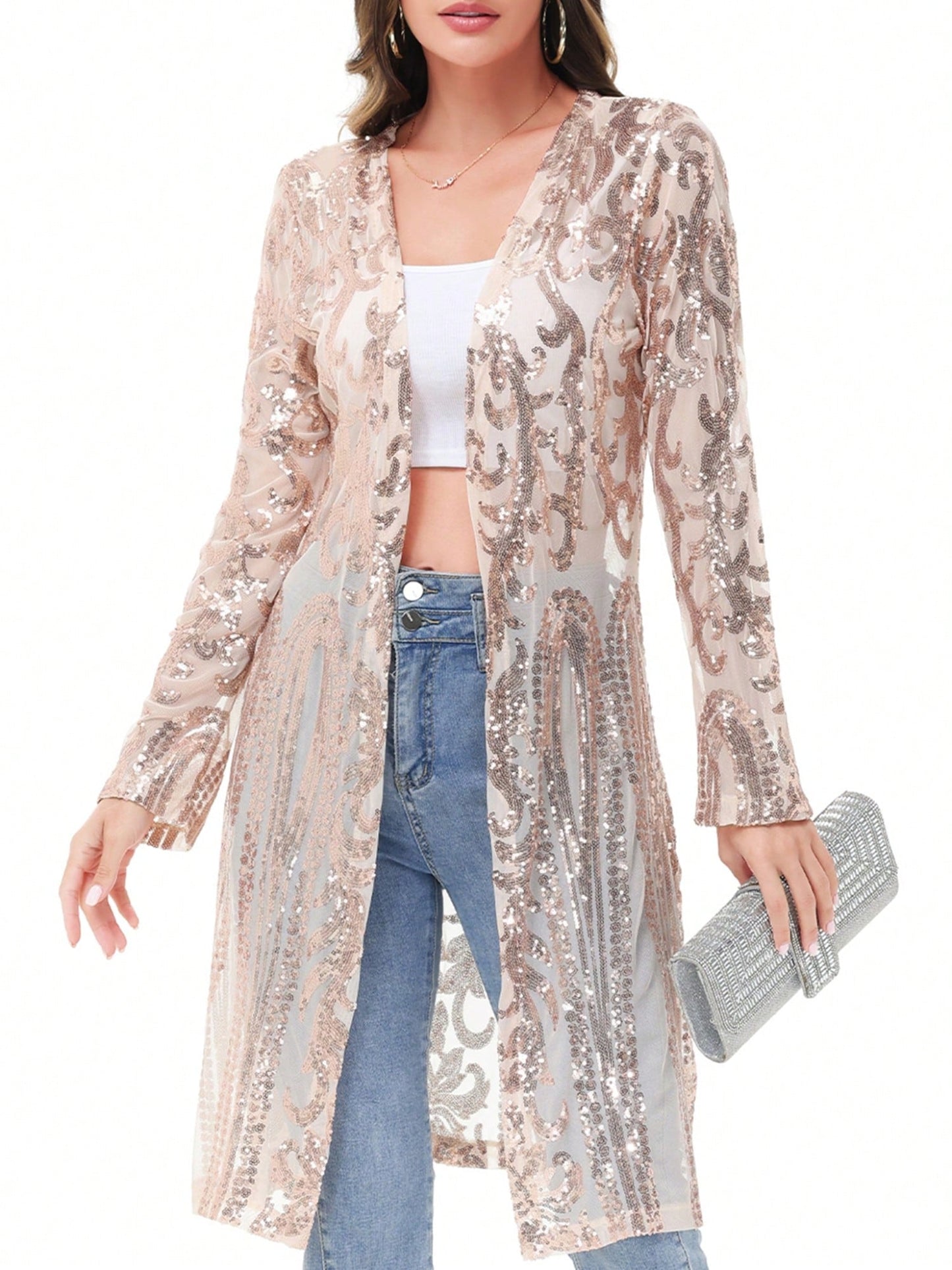 Women's Sparkly Sequin Cardigan - Open Front Glitter Kimono Blue / S Blue / M