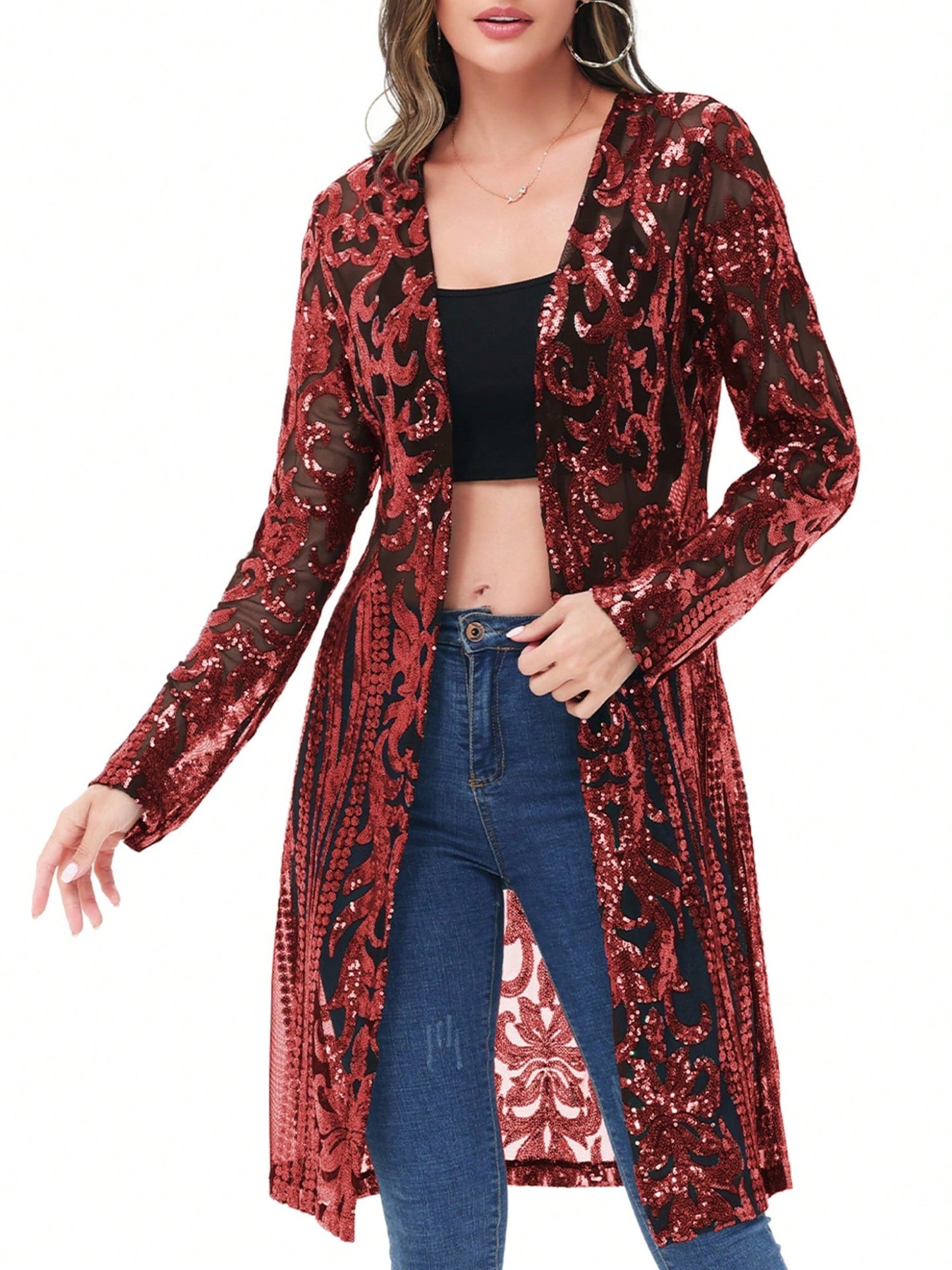 Women's Sparkly Sequin Cardigan - Open Front Glitter Kimono Blue / S Blue / M