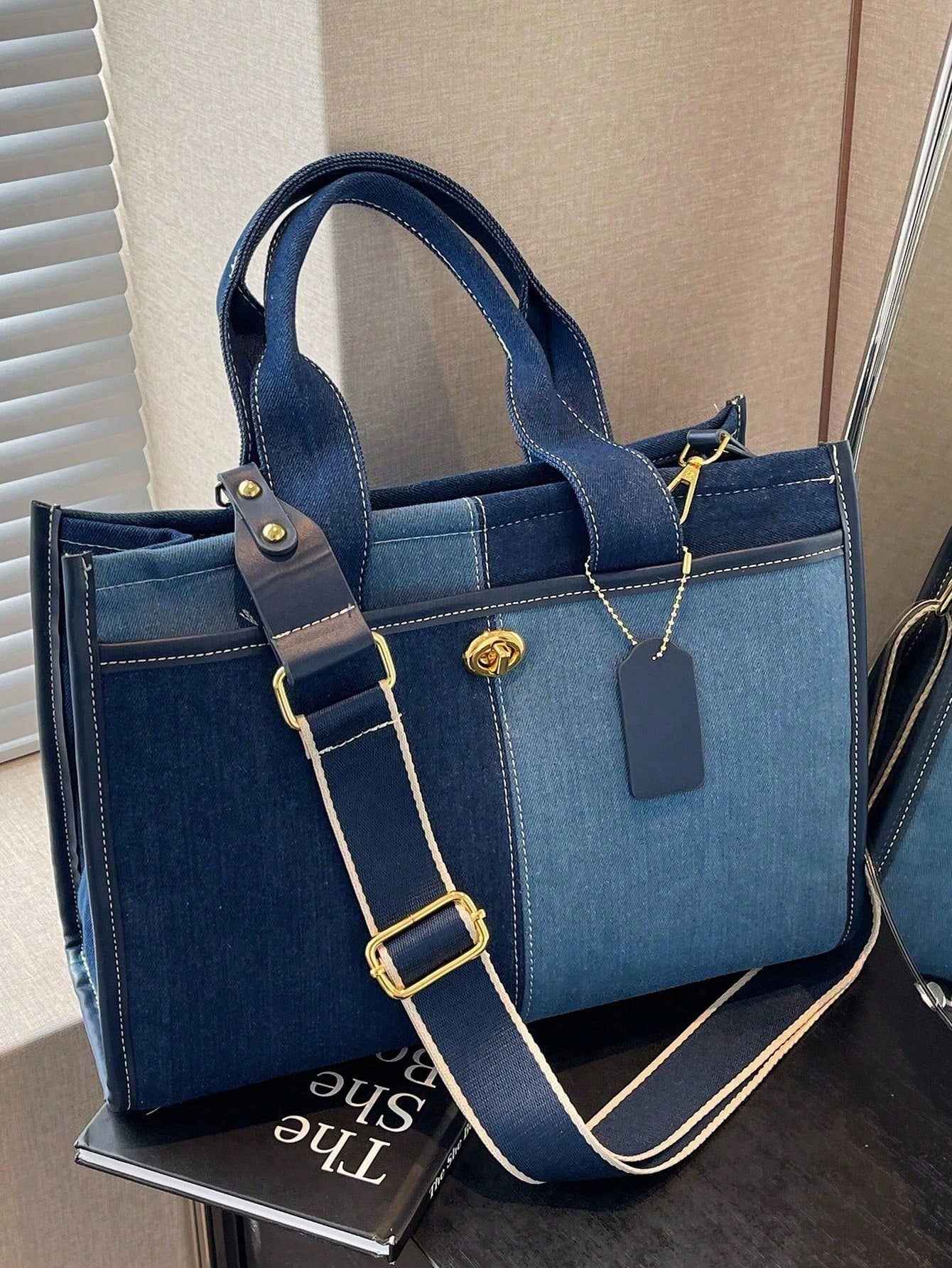 Casual Elegant Contrast Color Canvas Tote Bag For Women With Wide Strap Default Title