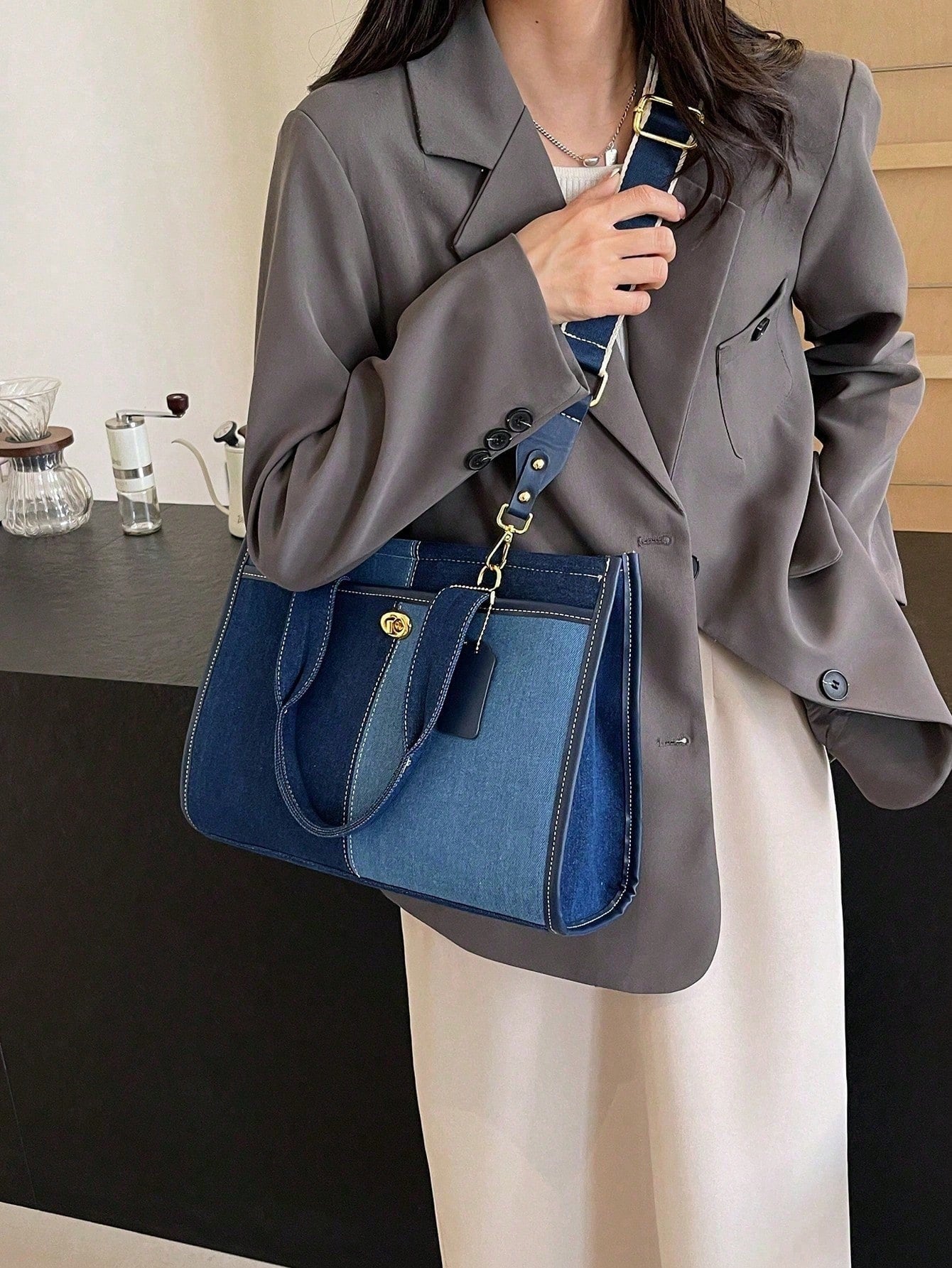 Casual Elegant Contrast Color Canvas Tote Bag For Women With Wide Strap Default Title