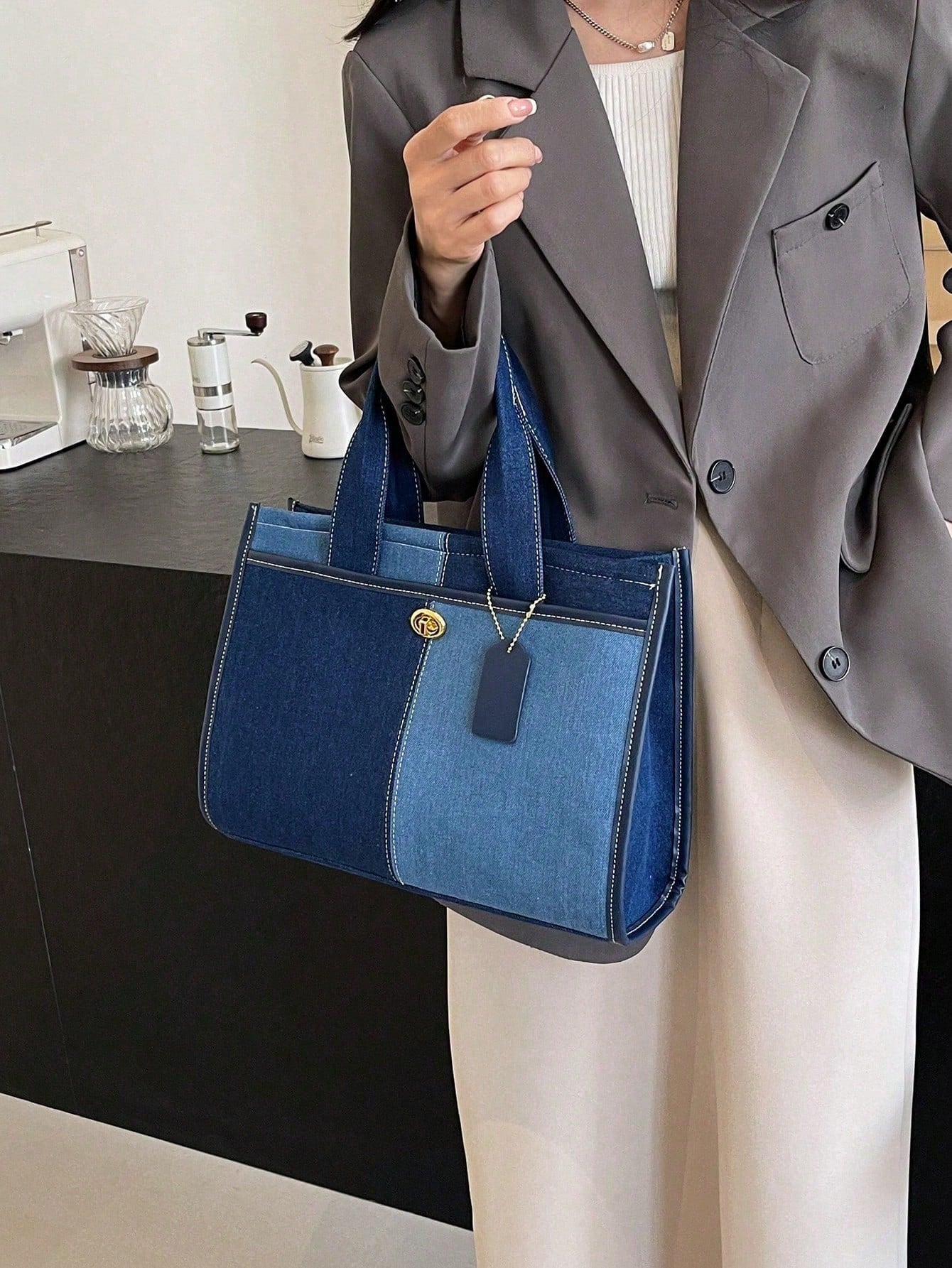 Casual Elegant Contrast Color Canvas Tote Bag For Women With Wide Strap Default Title