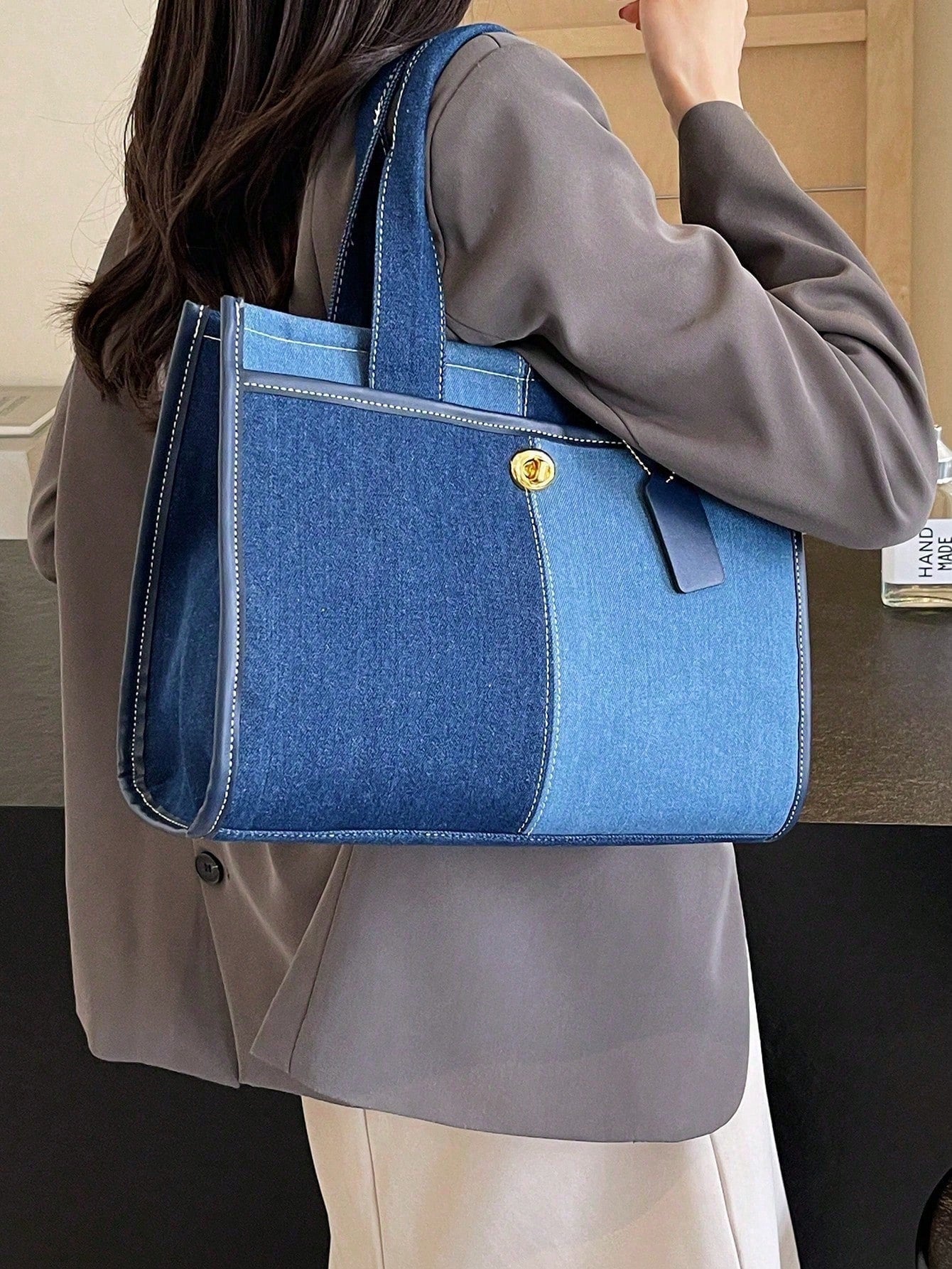 Casual Elegant Contrast Color Canvas Tote Bag For Women With Wide Strap Default Title