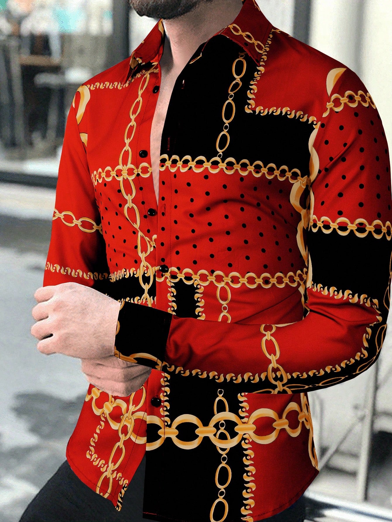 Trendy Autumn Vibes: Men's Casual Long Sleeve Shirt with Chain Red