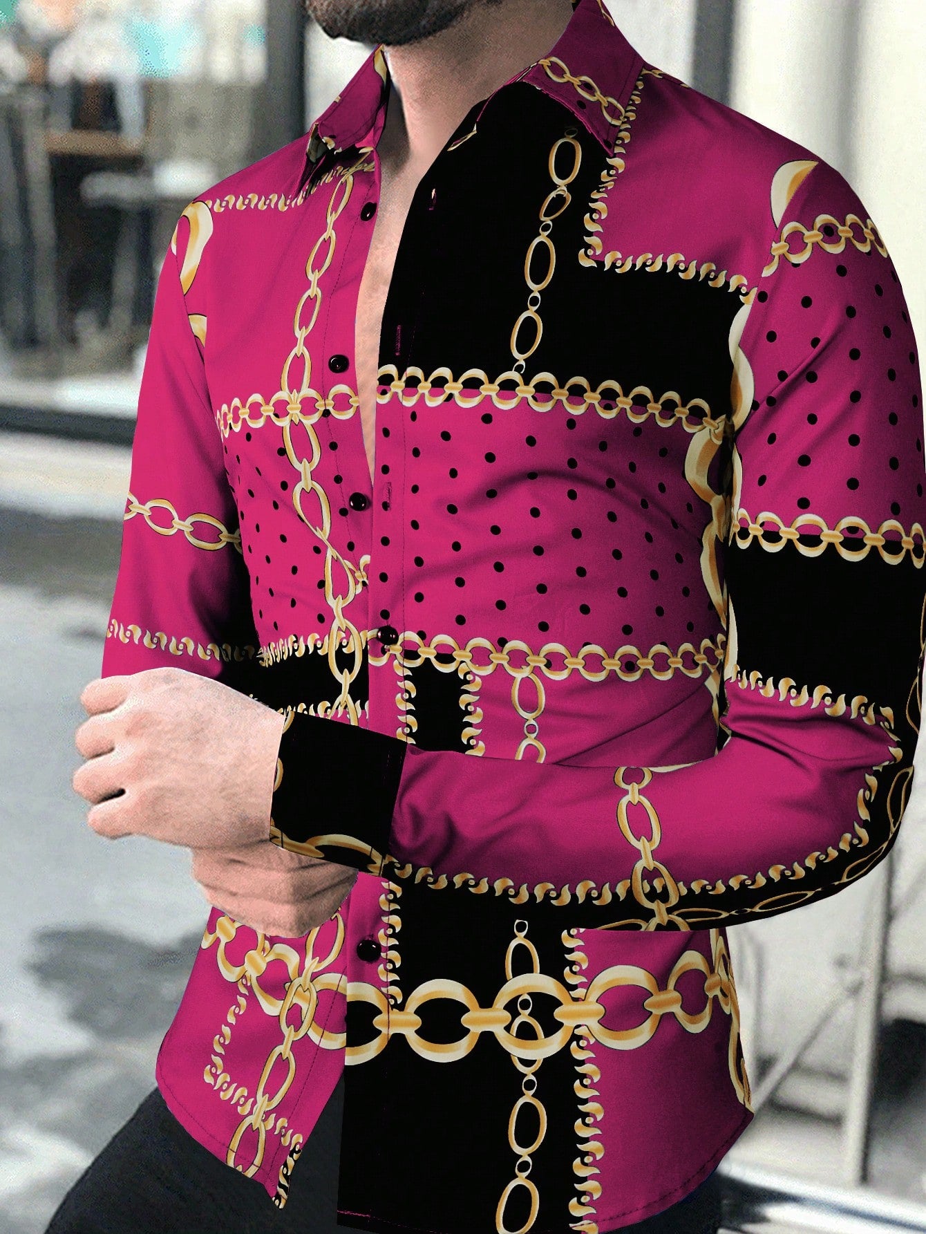 Trendy Autumn Vibes: Men's Casual Long Sleeve Shirt with Chain Hot Pink