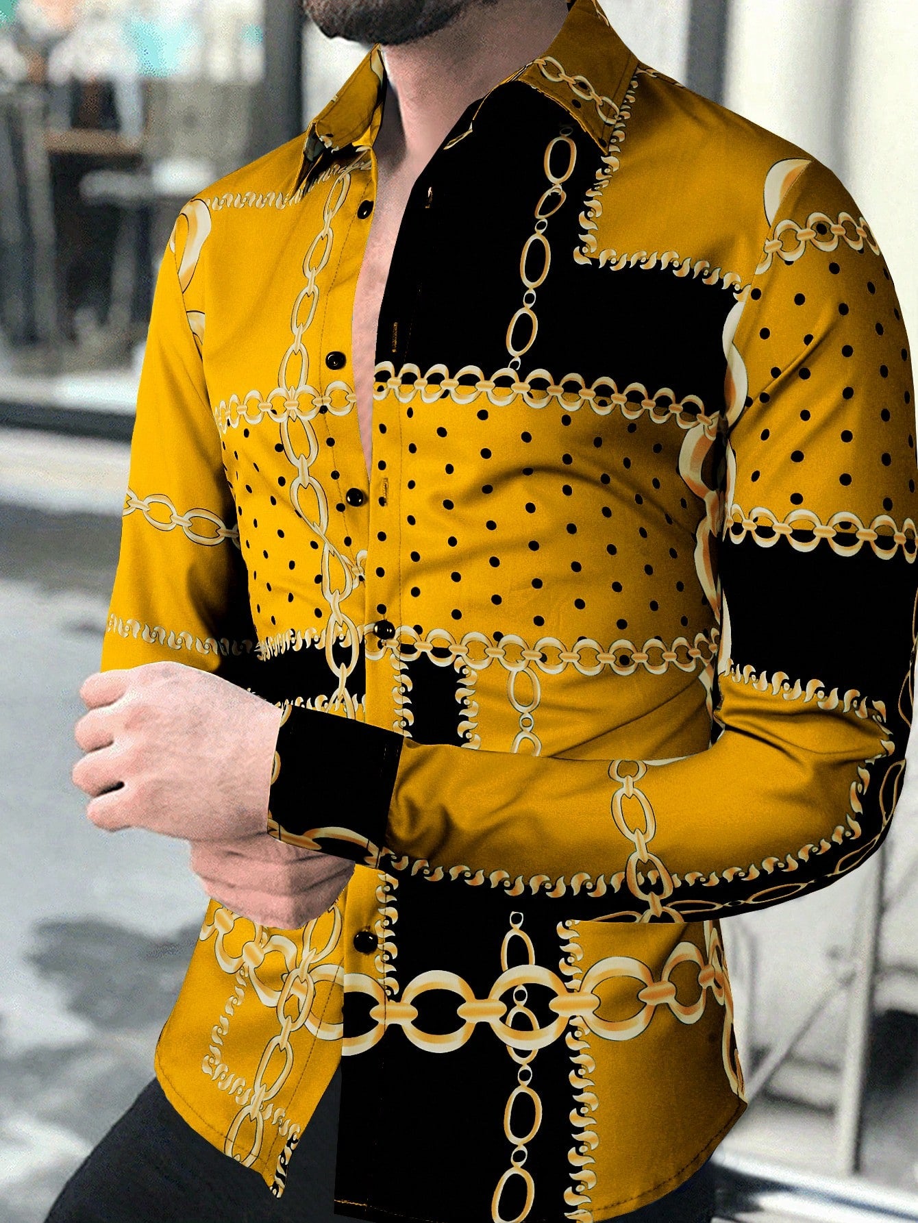 Trendy Autumn Vibes: Men's Casual Long Sleeve Shirt with Chain Yellow