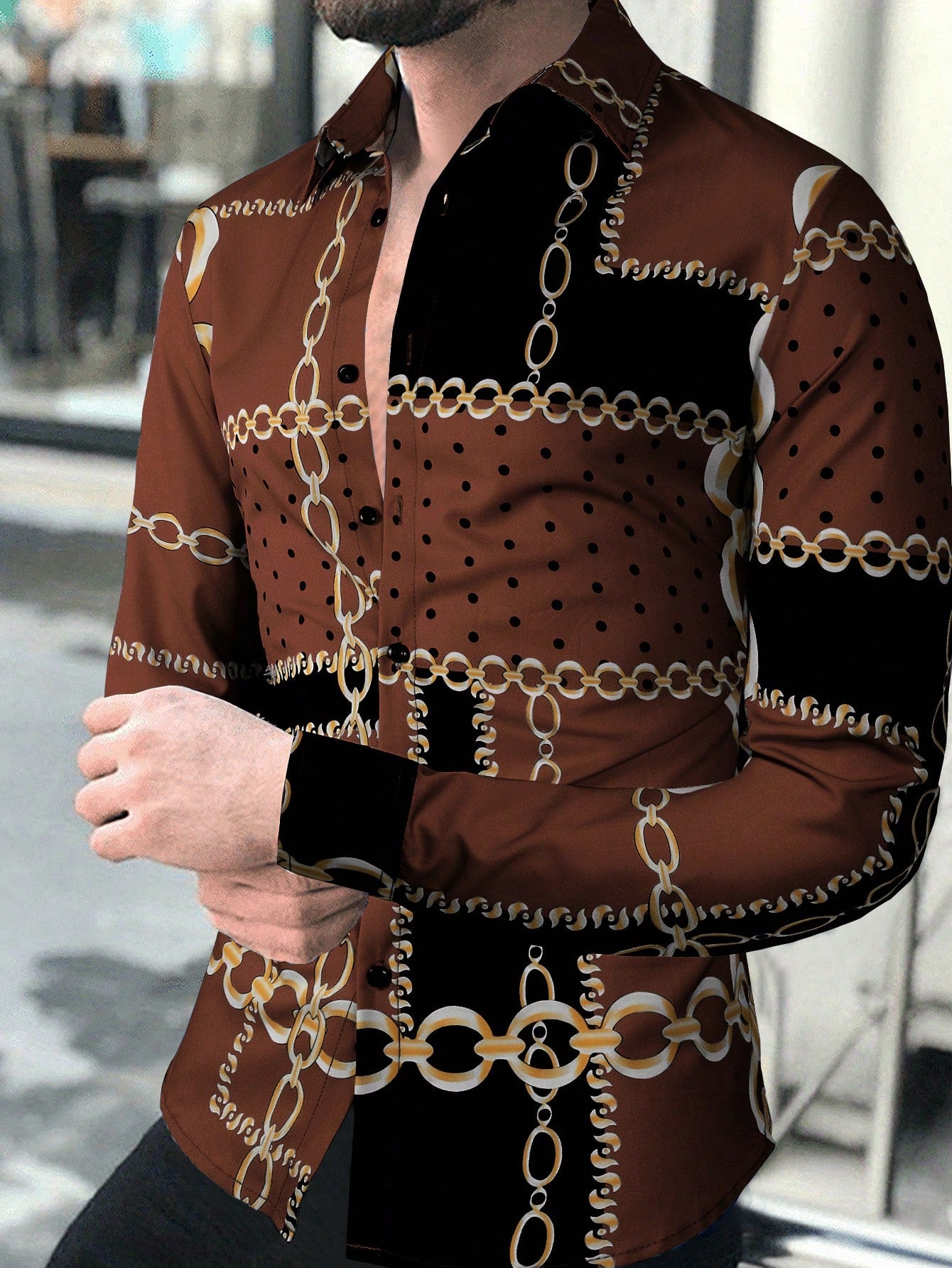 Trendy Autumn Vibes: Men's Casual Long Sleeve Shirt with Chain