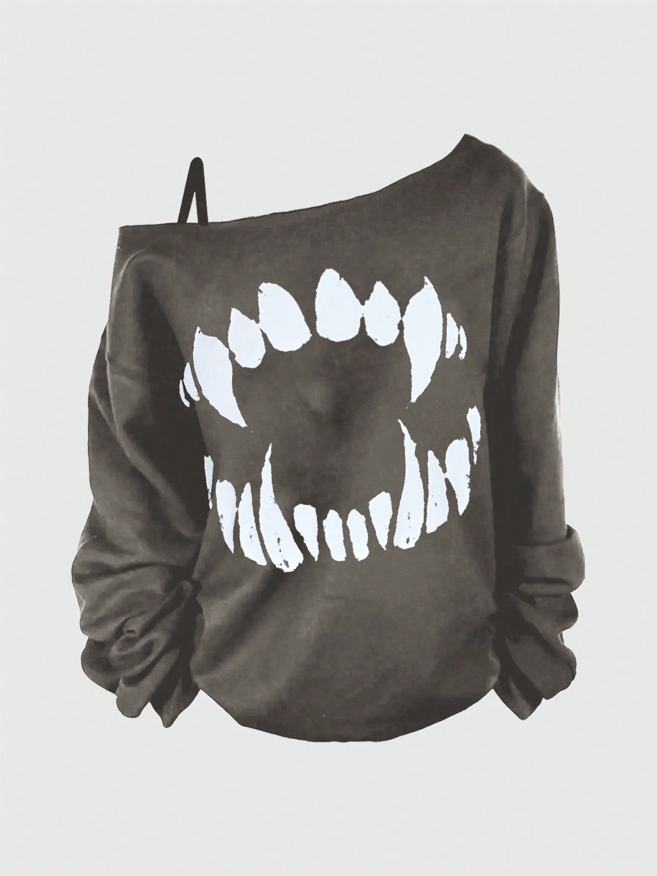 Gothic Vibes: Asymmetric Fang Print Plus Size Long Sleeve Sweatshirt for Women Black / 1XL Black / 2XL