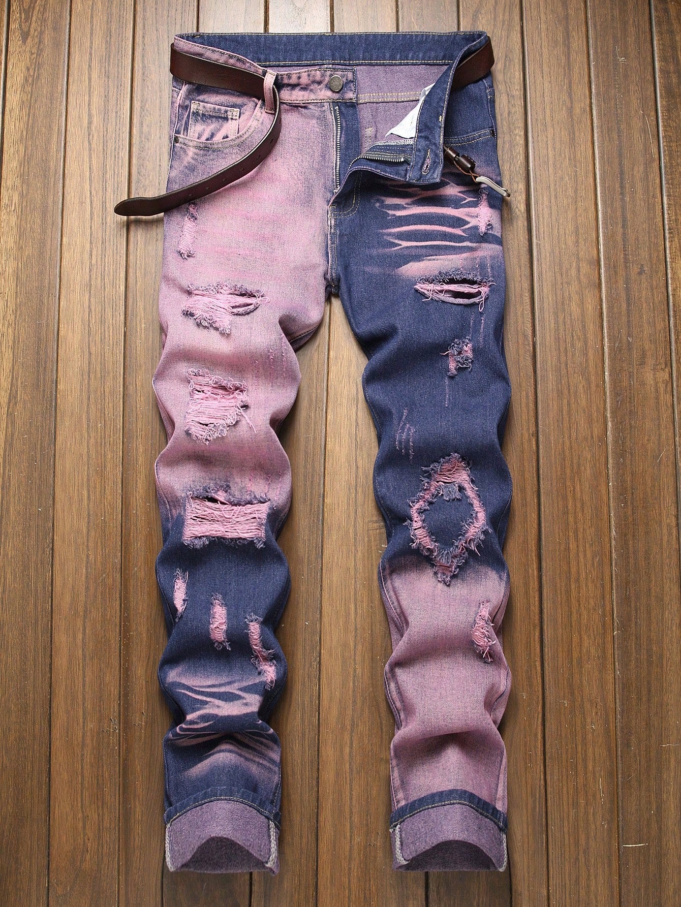 Men's Fashion Distressed Ripped Jeans - Slim Straight Leg Biker Style Denim Blue/Baby Pink / 30 Blue/Baby Pink / 32 Blue/Baby Pink / 34 Blue/Baby Pink / 30-Blue/Baby Pink / 32-Blue/Baby Pink / 34-Blue/Baby Pink / 36-Blue/Baby Pink / 38-Blue/Baby Pink / 40-Blue/Baby Pink / 42-Purple / 30-Purple / 32-Purple / 34-Purple / 36-Purple / 38-Purple / 40-Purple / 42-