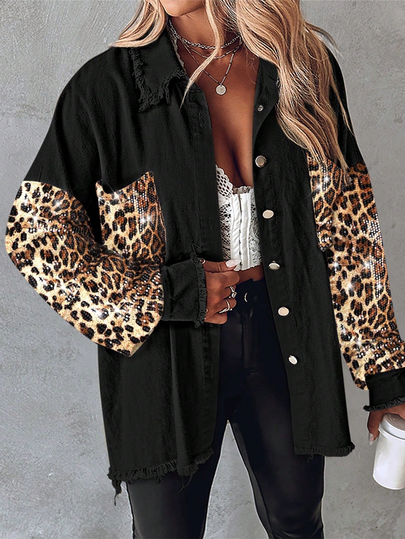 Turn-Down Collar Contrast Sequin Raw Hem Button Front Shacket