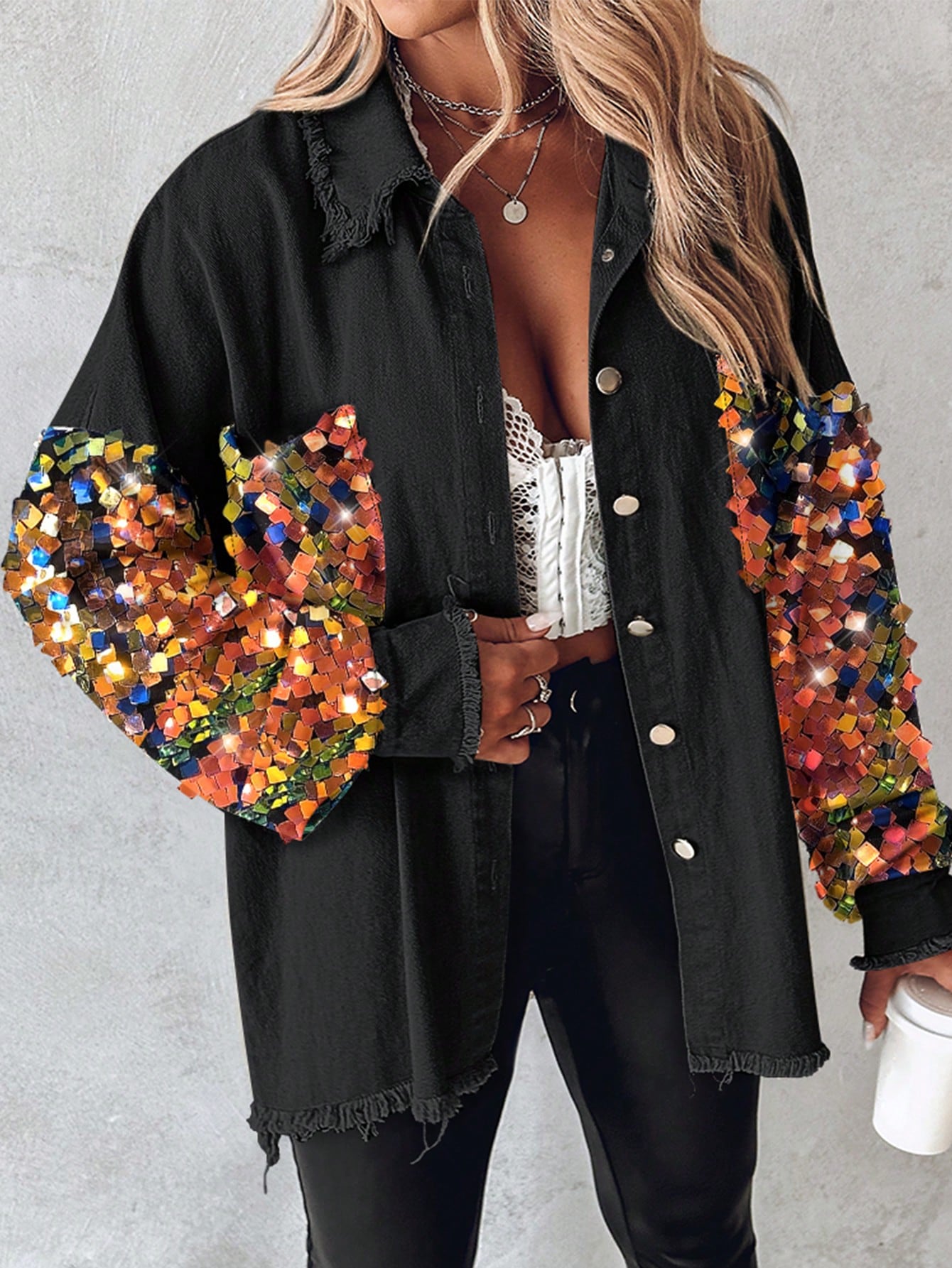Turn-Down Collar Contrast Sequin Raw Hem Button Front Shacket