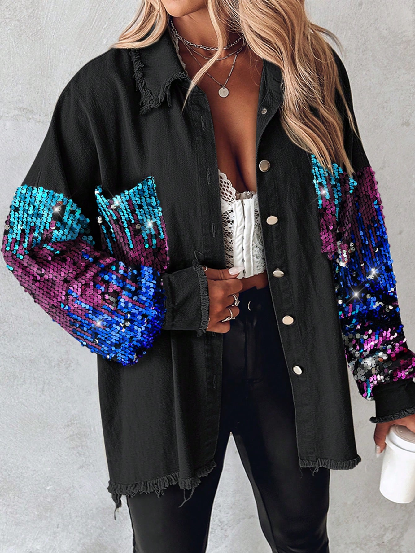 Turn-Down Collar Contrast Sequin Raw Hem Button Front Shacket