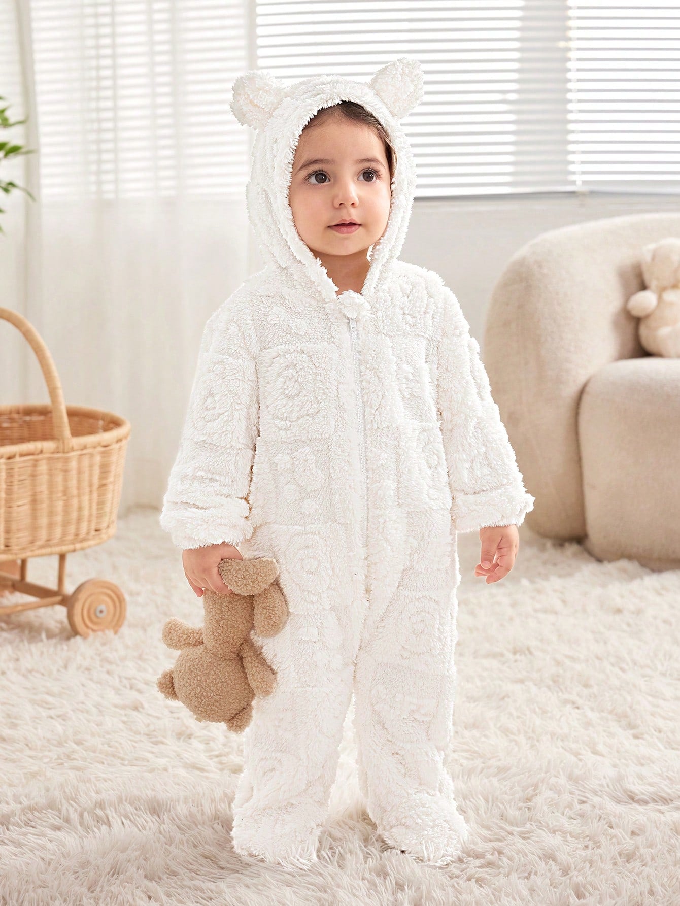 Cuddly Cartoon Print Fleece Hooded Romper for Newborns - Perfect for Autumn & Winter Adventures! White / 0-1M White / 1-3M