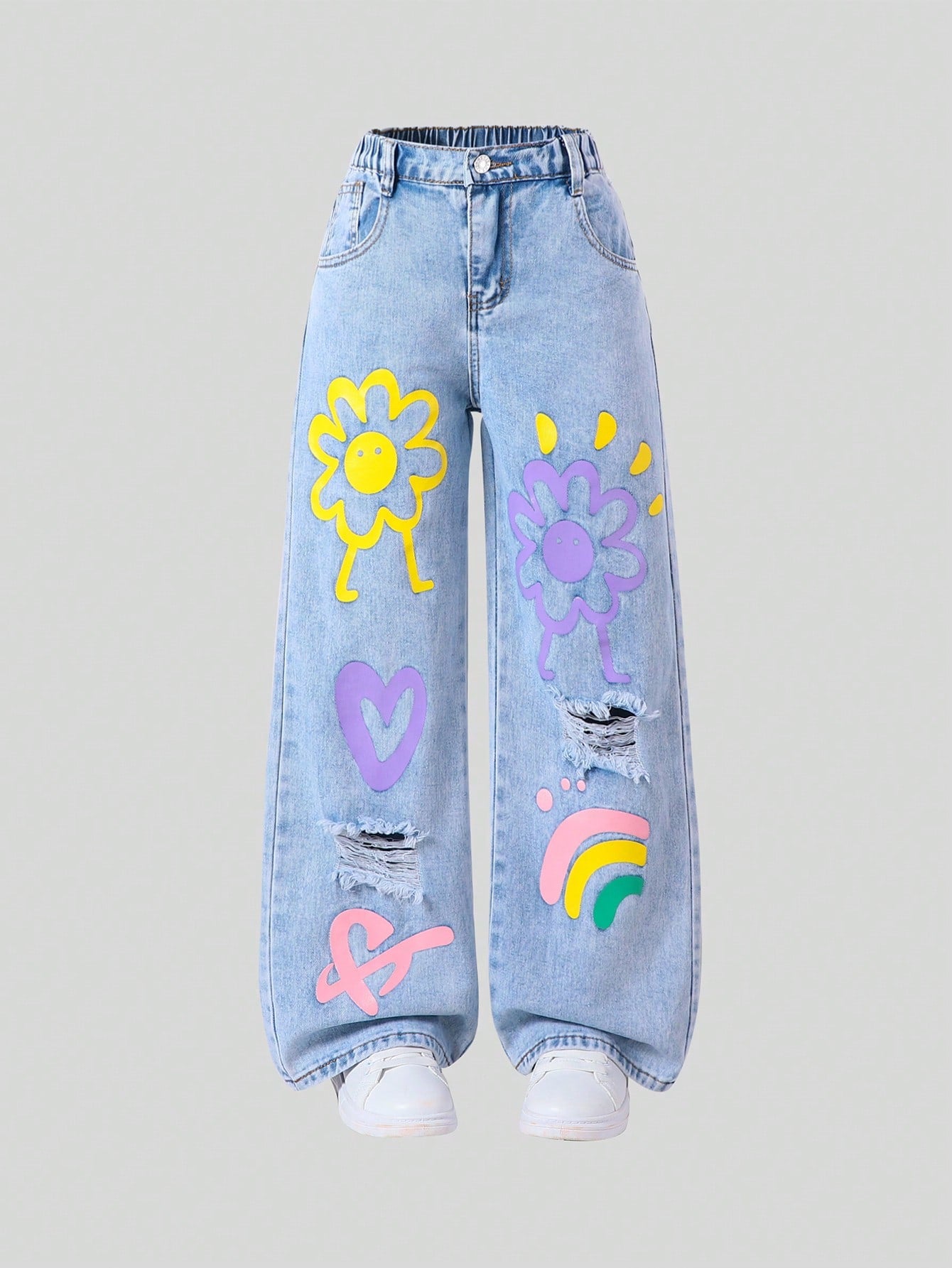 Vibrant Rainbow Print Distressed Straight Leg Jeans for Trendy Teen Girls 13Y 14Y