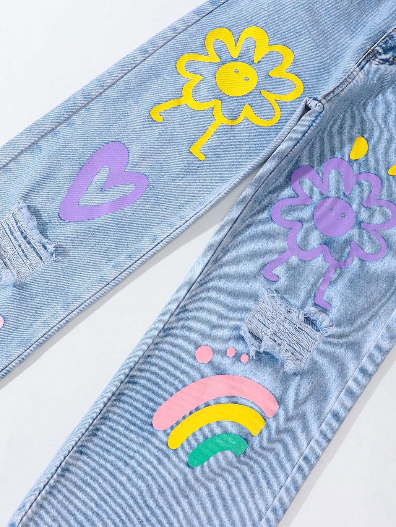Vibrant Rainbow Print Distressed Straight Leg Jeans for Trendy Teen Girls 13Y 14Y