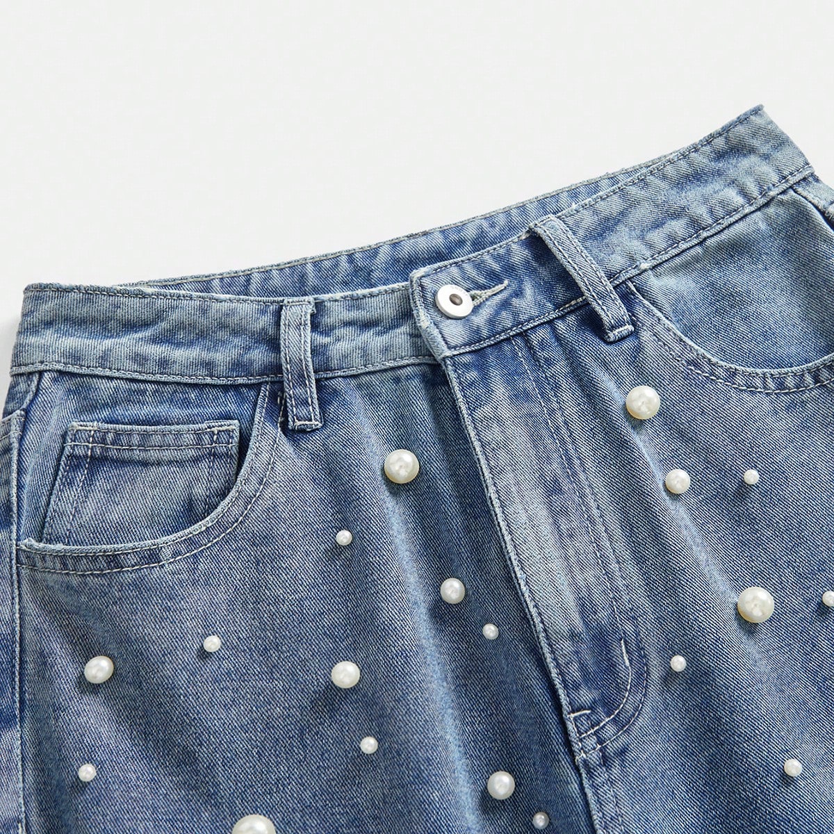 Chic & Stylish Women's High-Waist Pearl Embellished Wide Leg Jeans Black / S Black / M Black / L Black / S-Black / M-Black / L-Black / XL-Blue / S-Blue / M-Blue / L-Blue / XL-