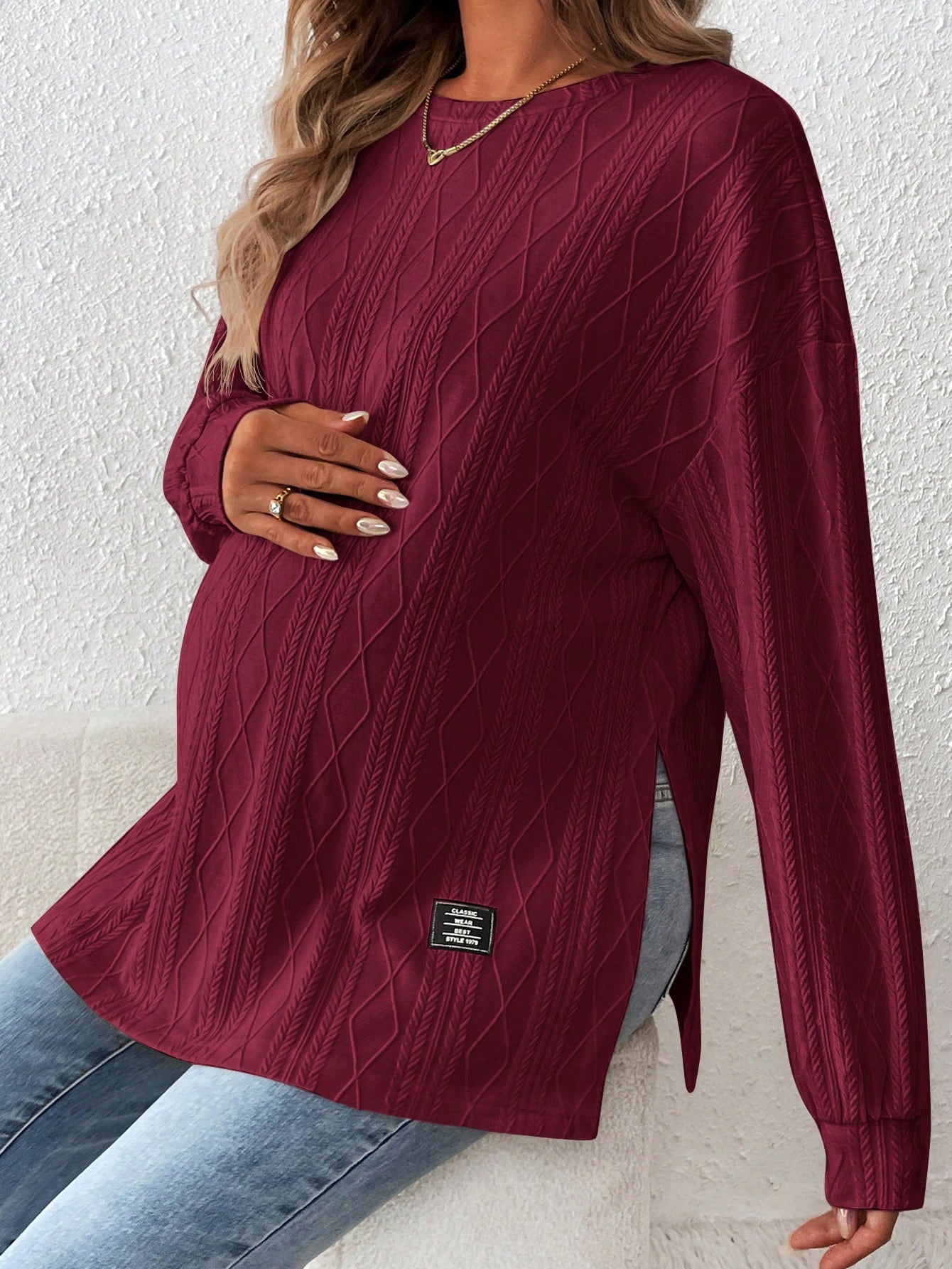 Maternity Textured Split Hem Dolman Sleeve T-Shirt for Fall Apricot / S Apricot / M