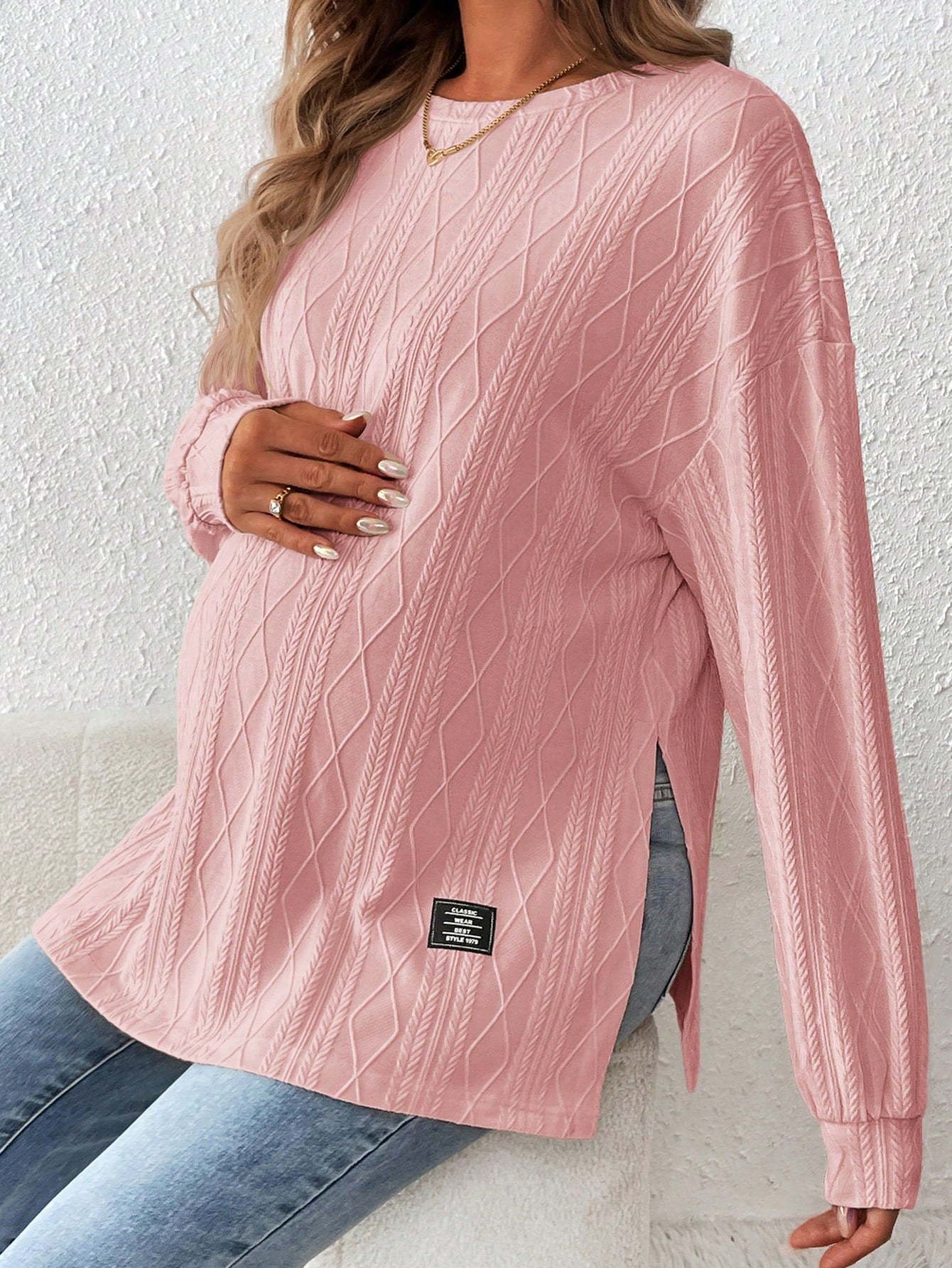 Maternity Textured Split Hem Dolman Sleeve T-Shirt for Fall Apricot / S Apricot / M