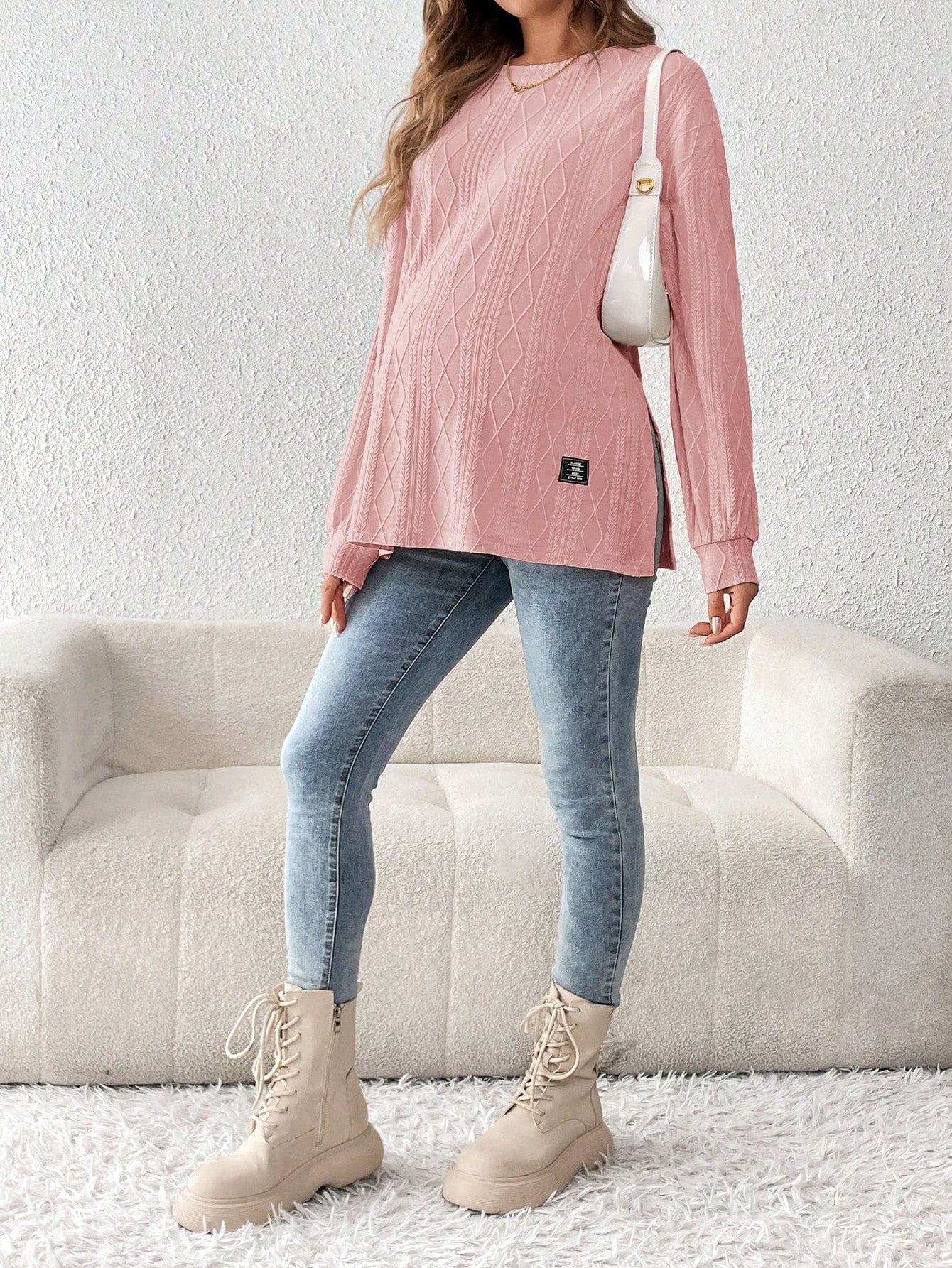 Maternity Textured Split Hem Dolman Sleeve T-Shirt for Fall Apricot / S Apricot / M